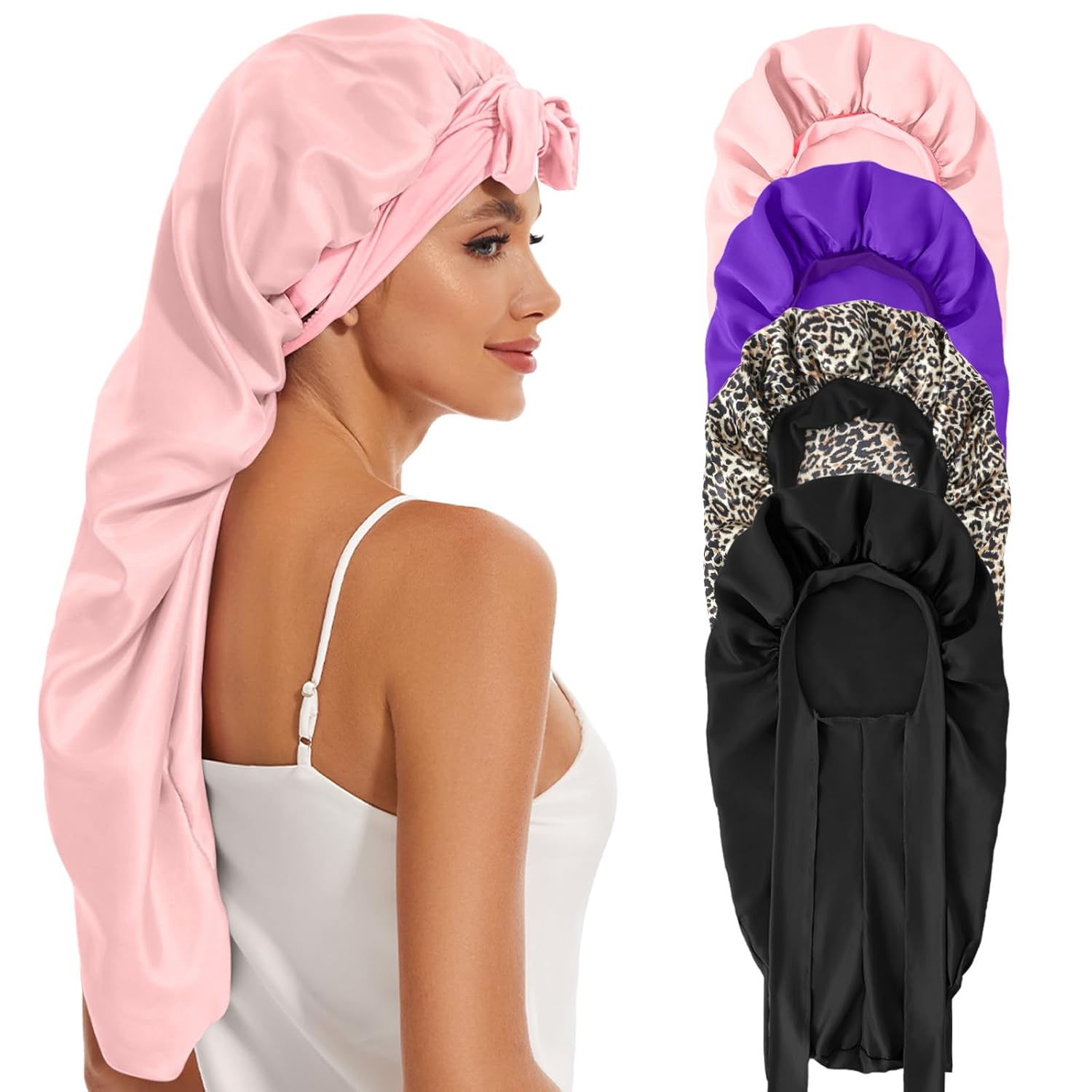 4Pcs Satin Bonnet, Long Silk Bonnet for Sleeping Women, Large Hair Bonnet with Tie Band for Curly,Long Hair, Sleep Cap 4Pcs Satin Bonnet, Long Silk Bonnet for Sleeping Women, Large Hair Bonnet with Tie Band for Curly,Long Hair, Sleep Cap