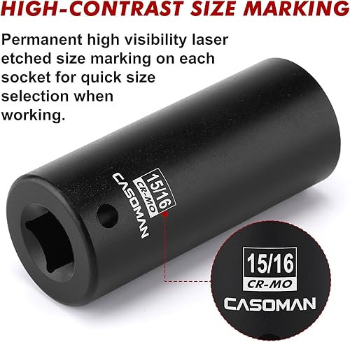 Miniatura 29 de CASOMAN 1/2" Drive x 1.417 in Deep 12 PT Socket Impacto, CR-MO, 1/2" Drive 12 Point Axle Nut Socket para una fácil extracción de las tuercas del eje
