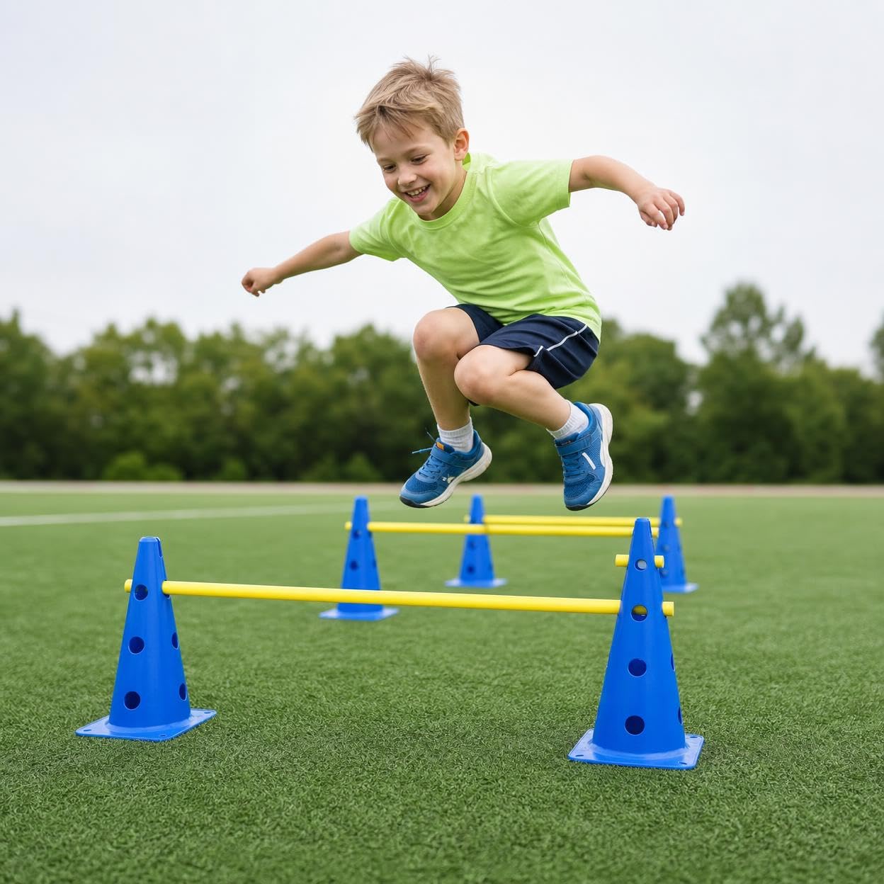 Steckhürdenset Agility Set für Koordinationstraining & Trainingshürden – 10 Hütchen, 5 Stangen, 32 cm mit Löchern, 5 Sets (10 Kegel + 5 Stangen à 1 Meter)