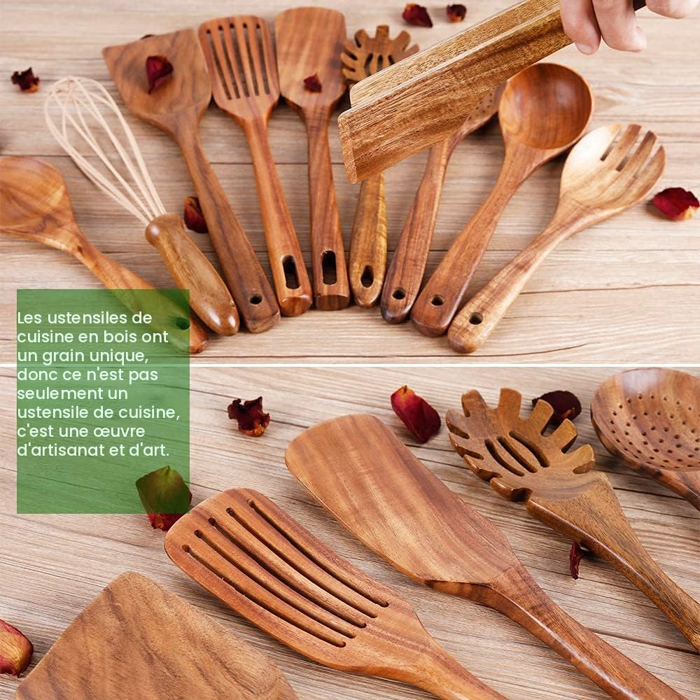 Ustensiles Cuisine En Bois De Teck - Ensemble 10 Pièces | Cuillères & Spatule | Écologique & Antirayant