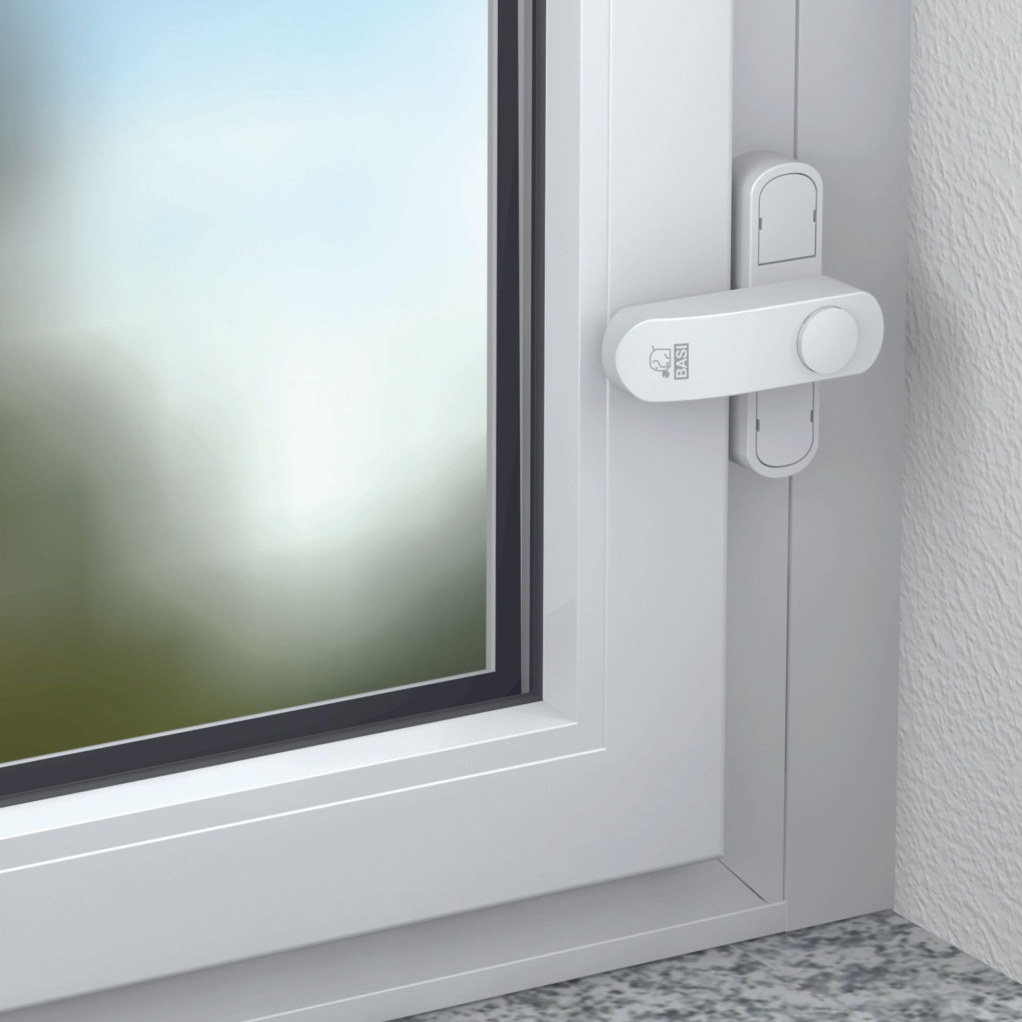 BASI | Fenstersicherung 5er Set | Weiß Braun | Zusatzsicherung für einflügelige Fenster Fenstertüren | verriegelbar mit Druckknopf | Schwenkriegel | Einbruchschutz | Farbe Weiß | 5 Stück