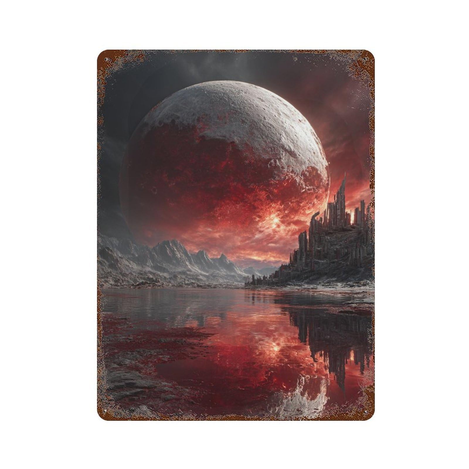 Rust Effect Blood Moon Over Alien Cityscape Rustic Tin Plaque 15.7"x11.8", Old School Wall Decor for Shed, Workshop And Garage Wall Decor