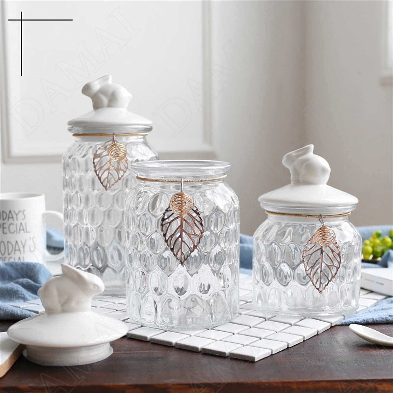 Botes para Alimentos Tarro de vidrio con tapa de almacenamiento Jar Conejo Caramelo Jarras Mesa de centro Tea Caddy Grano Dispensador Decoración del hogar Organizador de cristal Tanque de té Sellado B