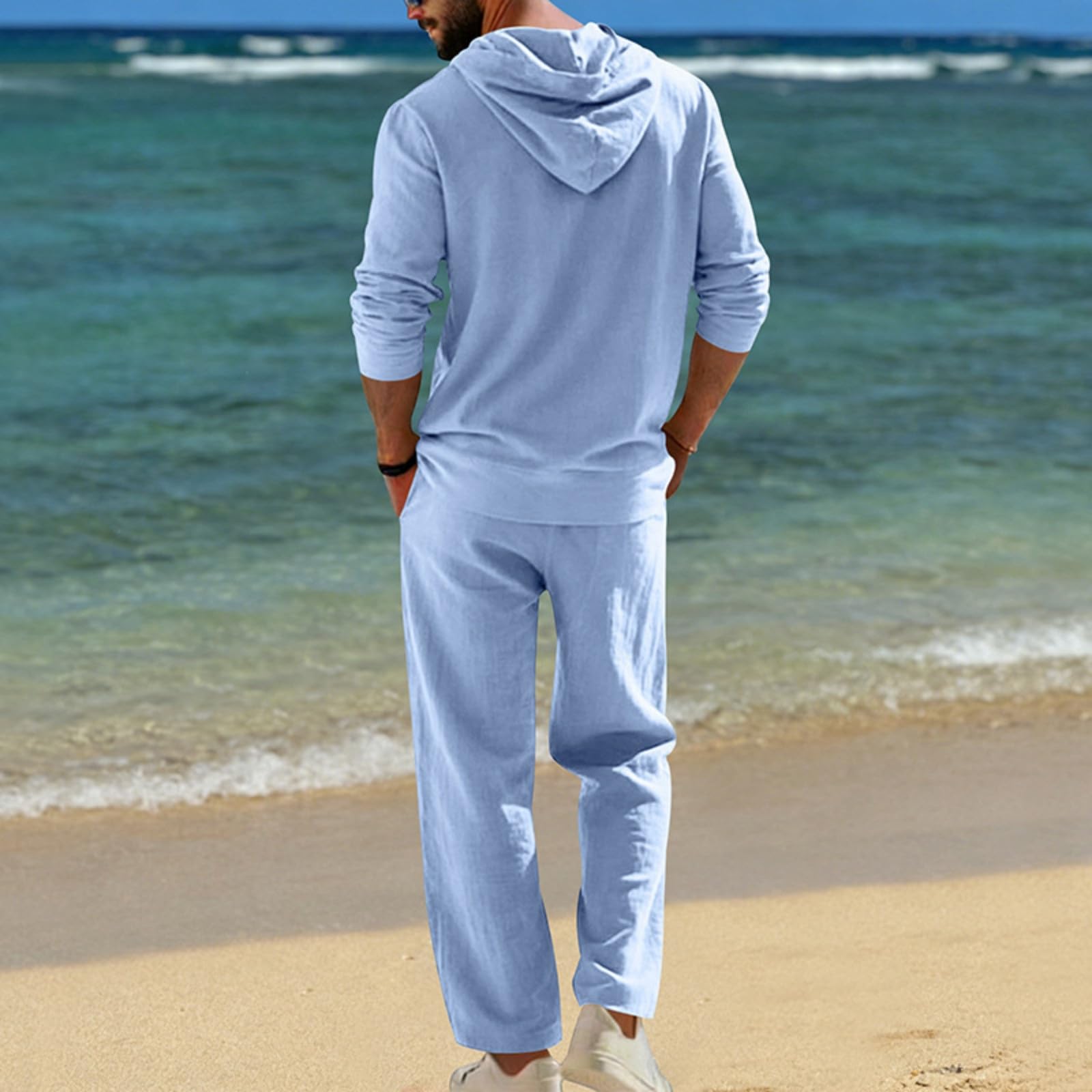 Genérico Traje de Lino para Hombre Informal Conjunto de 2 Piezas Conjunto Deportivo Hombre Camisa Lino Manga Larga Sudadera con Capucha Blusa Verano Camiseta Manga Larga y Pantalón de Playa