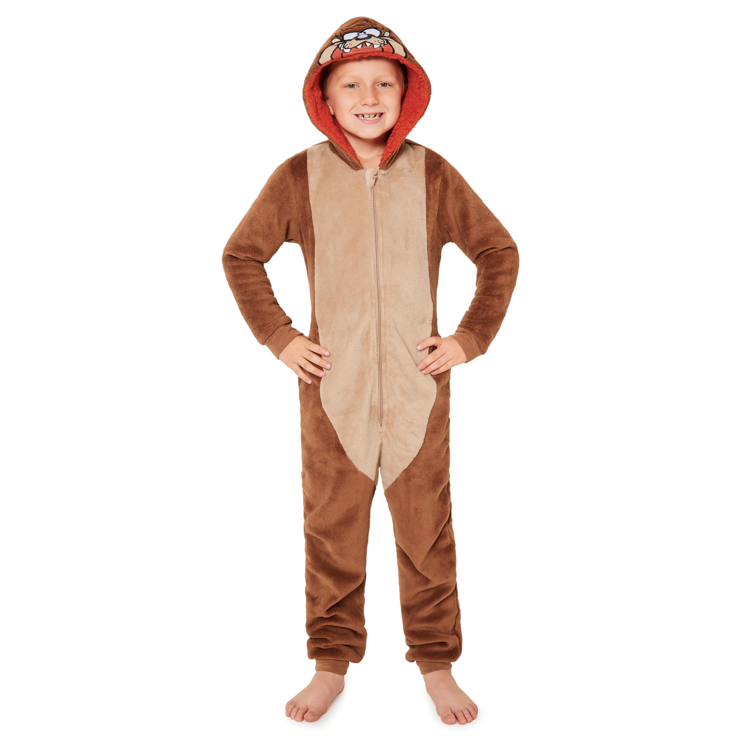 Looney Tunes Boys Brown Taz Fleece Onesie For Kids Bugs Bunny Hooded Onesie For Kids Teenagers 7-15 Years Taz Kids Pjs Loungewear (, 14-15 Years) Size 14-15 Years
