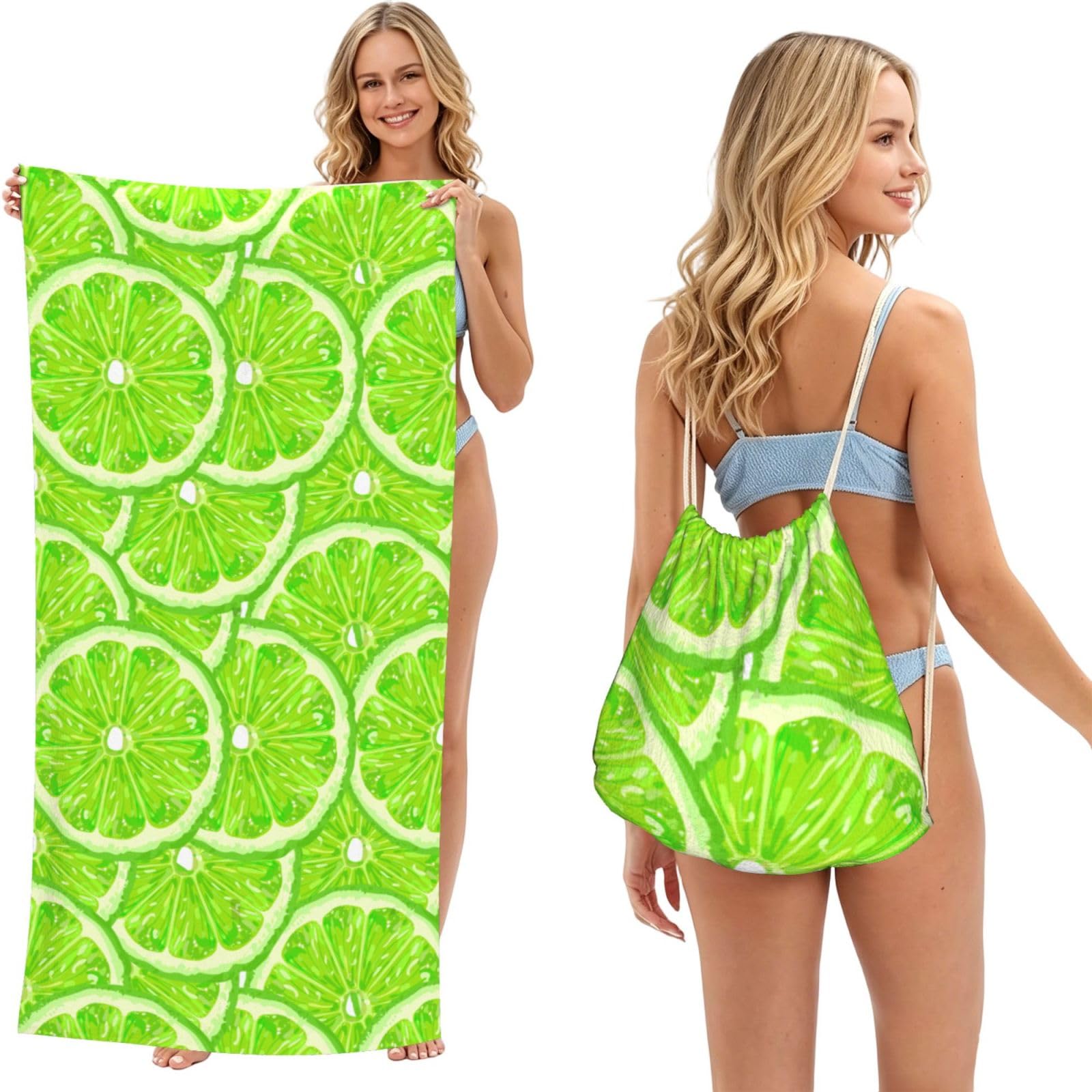 Poadnly As Picture Lime Green Pattern Lemon, 2 In 1 Packable Towel Bag, Beach Towels With Drawstring Backpack For Travel Holiday Camping