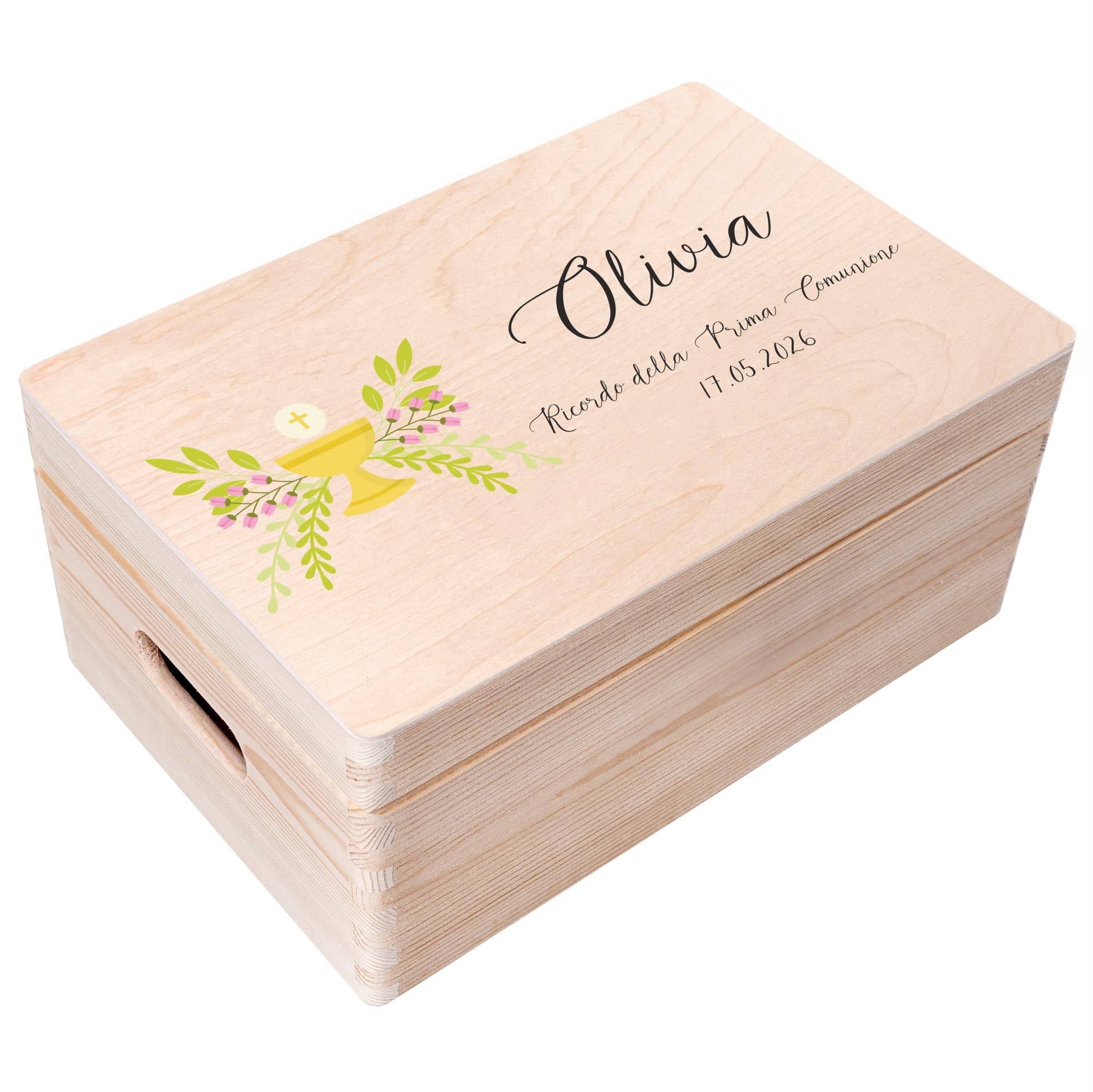 Creative Deco Prima Comunione Scatola di Regalo Personalizzato | Scatola della Memoria in Legno per Bambino/Bambina | Personalizzata - Calice Giallo | Incisione | per Ragazzo e Ragazza