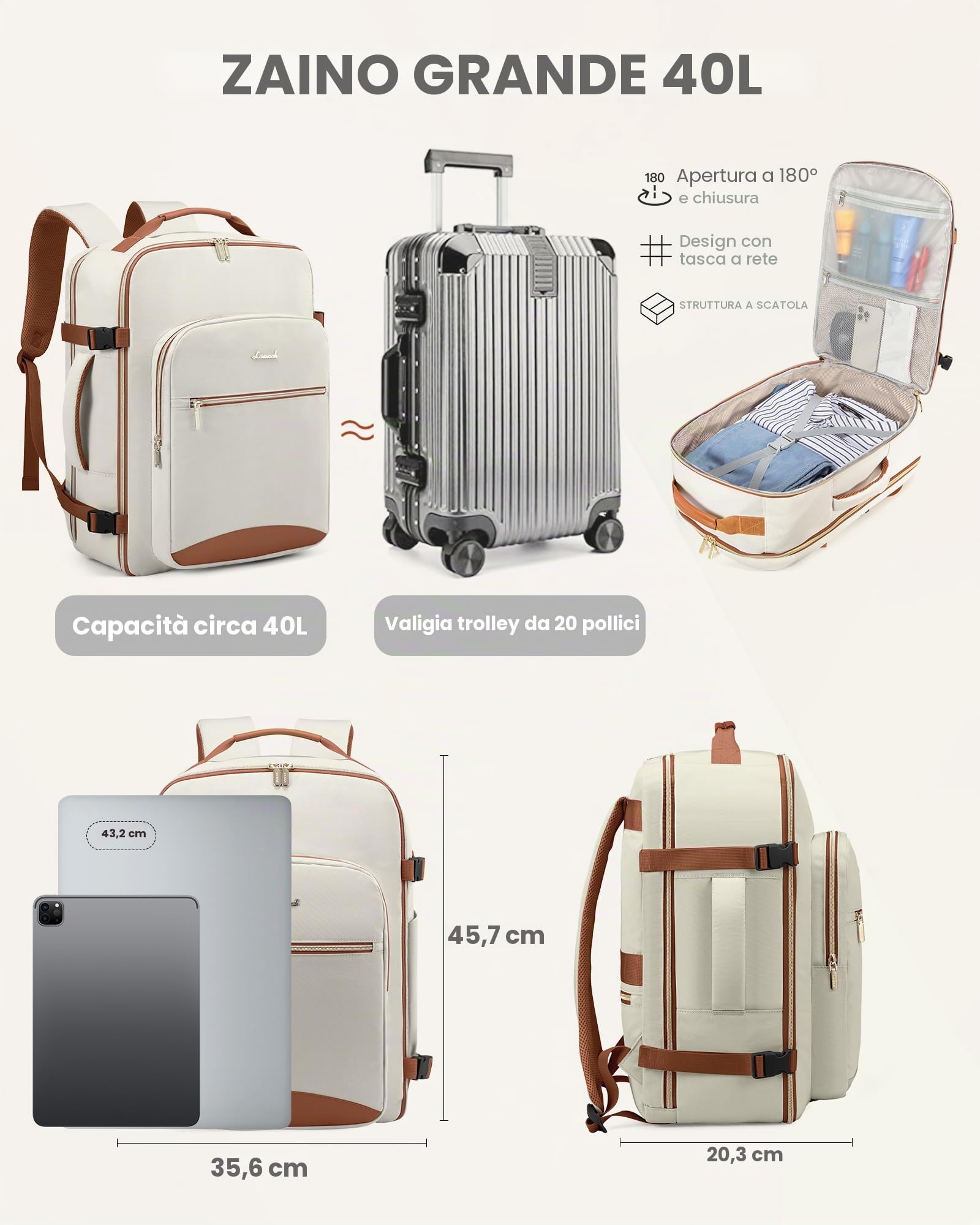 LOVEVOOK Zaino da Viaggio Aereo Bagaglio a Mano, Impermeabile Zaini | Trolley Bagaglio Donna 40L Cabin Max per Ryanair Easyjet, Grande Zaino Porta PC 17 Pollici Valigia Borsa a Zainetto