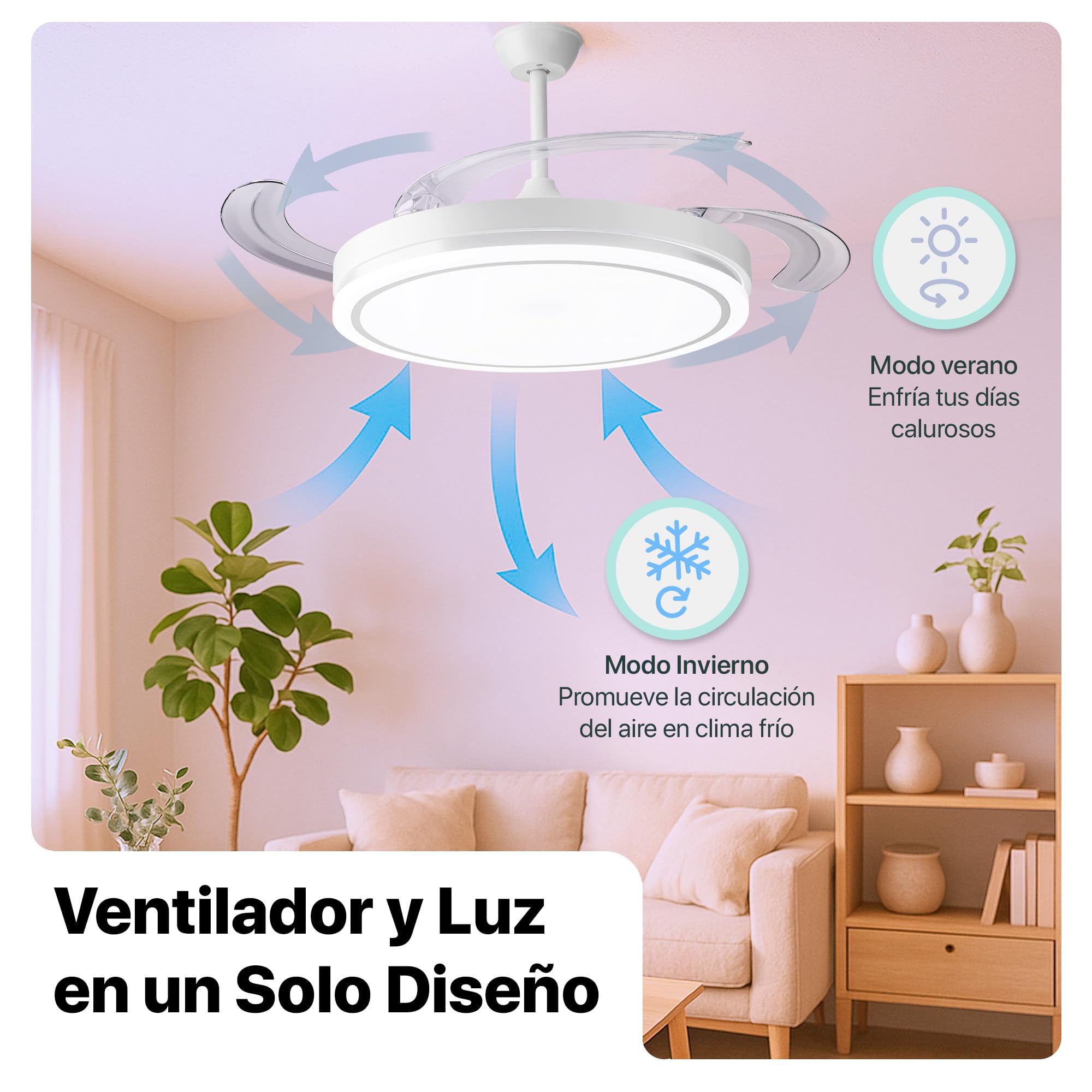 Ventilador de Techo LED 66W, 30W Motor DC+36W LED con Control Remoto+App, 4 Aspas Retráctiles, 2880lm,Ultra Silencioso aspas Retráctiles función verano-invierno (Blanco)