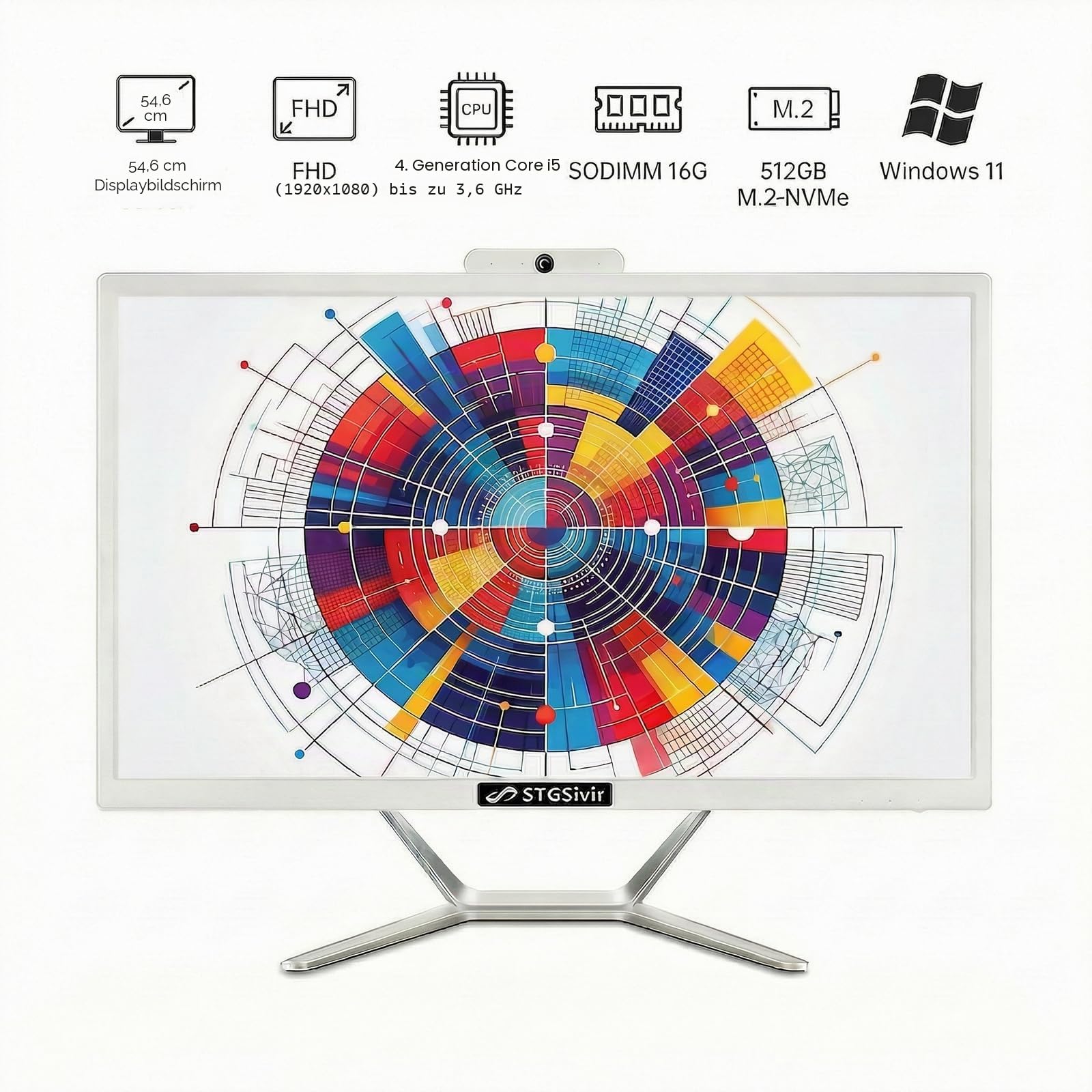 STGsivir All-in-One Desktop-PC, Display 21,5 Zoll, Core i5 bis 3,6 GHz, 16 GB RAM, 512 GB SSD, WiFi, Bluetooth, Windows11 Pro, Weiß