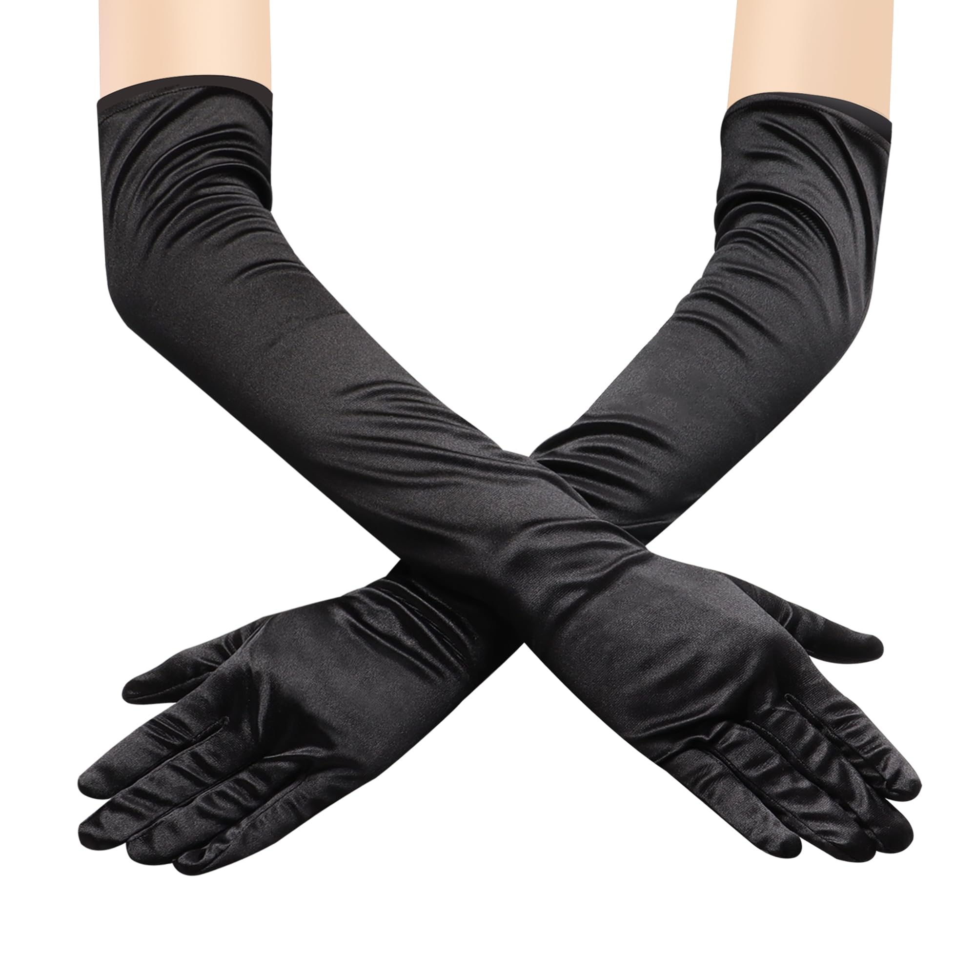 JUNART Long Satin Gloves,Elegant Elbow Length Gloves for Opera Party, Wedding, Evening Dresses,Carnival Costume, Dance(Black)