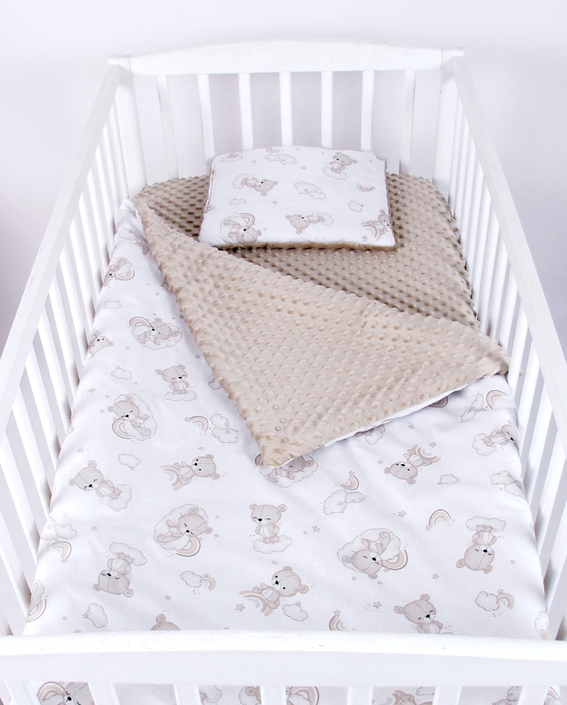 Babylux Babydecke 75x100 cm mit Kissen 30x35 cm – Kuscheldecke aus Minky & Baumwolle – Krabbeldecke für Kinderwagen, Babybett & Spielgruppe (K138 - Bären)