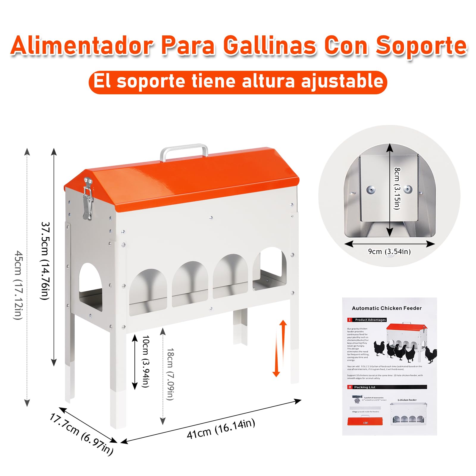 Comedero Gallinas Automatico con Patas, 5kg Tolva con 10 Puertos de Alimentación, Dispensador Automático de Pienso para Gallinas, Antidesperdicio, Comedero Metalico para Pollos, Patos