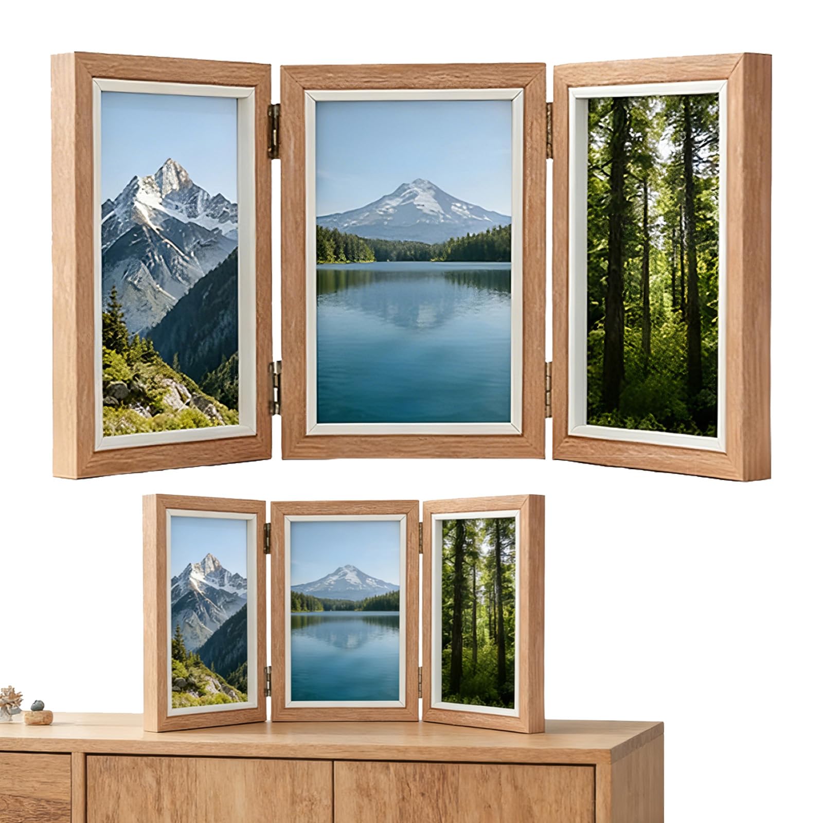 Duzapku Wood Grain Color Triple Photo Frame, 4X6 Hinged Folding Wood Picture Frame With Glass, Front Stand Vertical On Desktop, Primary