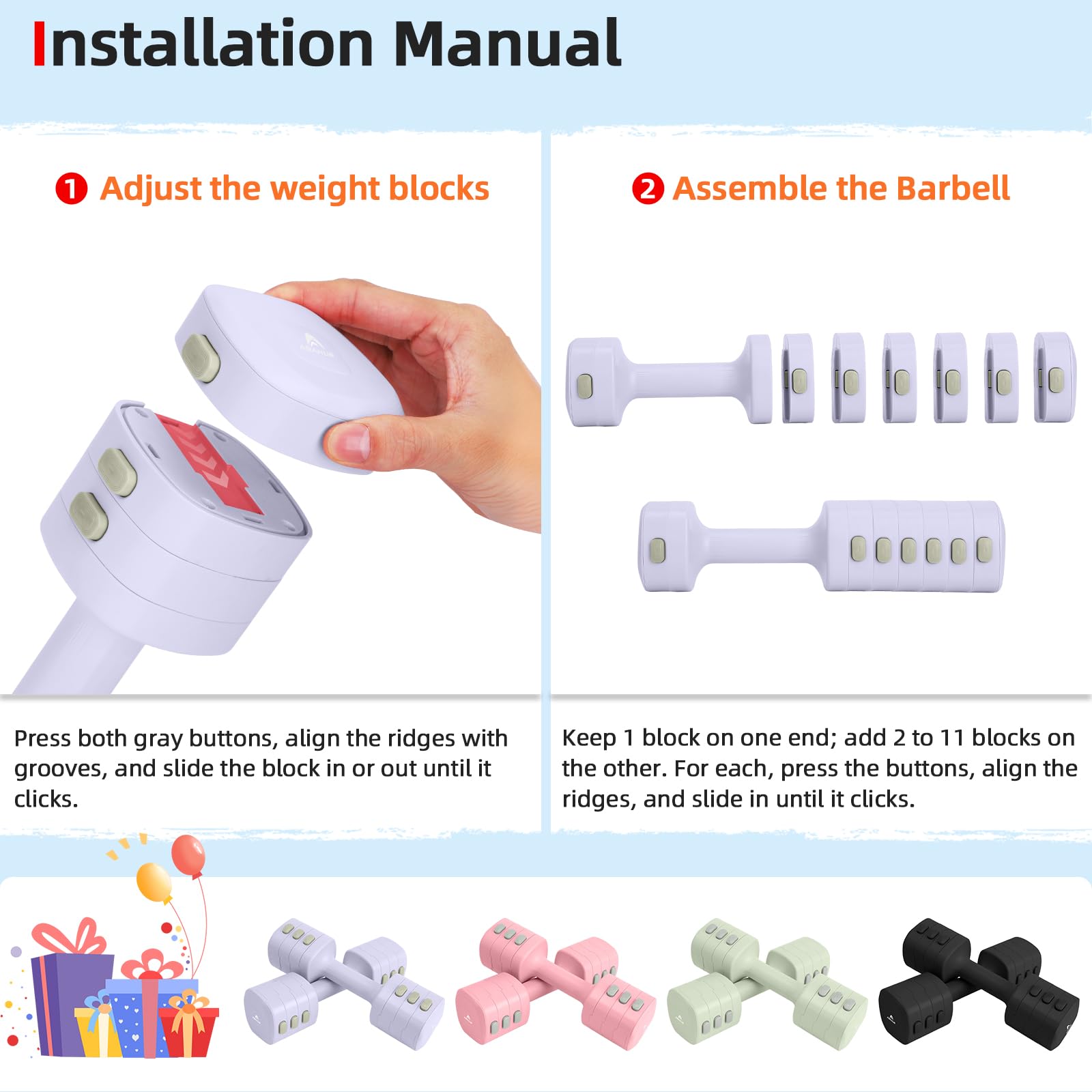 Abahub Zestaw hantli regulowanych, 2,5 kg x 2 pary, hantle fitness, pilates, damskie | 4 w 1 regulowane hantle, ciężarki do siłowni, hantle do codziennego treningu, hantle z szybką regulacją wagi, lila