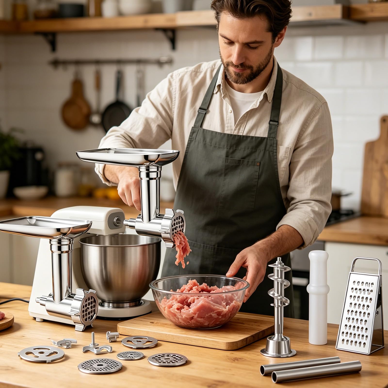 Accessori da cucina per robot da cucina, set accessori per salsiccia e tritatutto in acciaio inox, 21, con piastre macinazione, dischi da taglio e vassoio alimentazione,