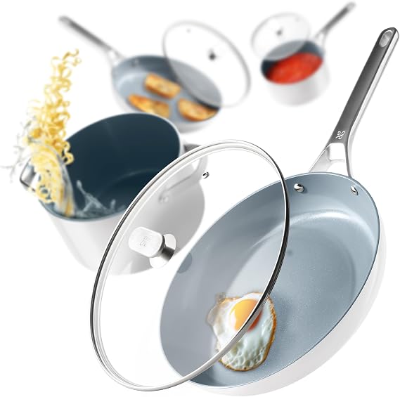 Greater Goods Savvy Ceramic Nonstick Cookware Set, 10 Piece Kit, and Sous Vide Machine, Birch White