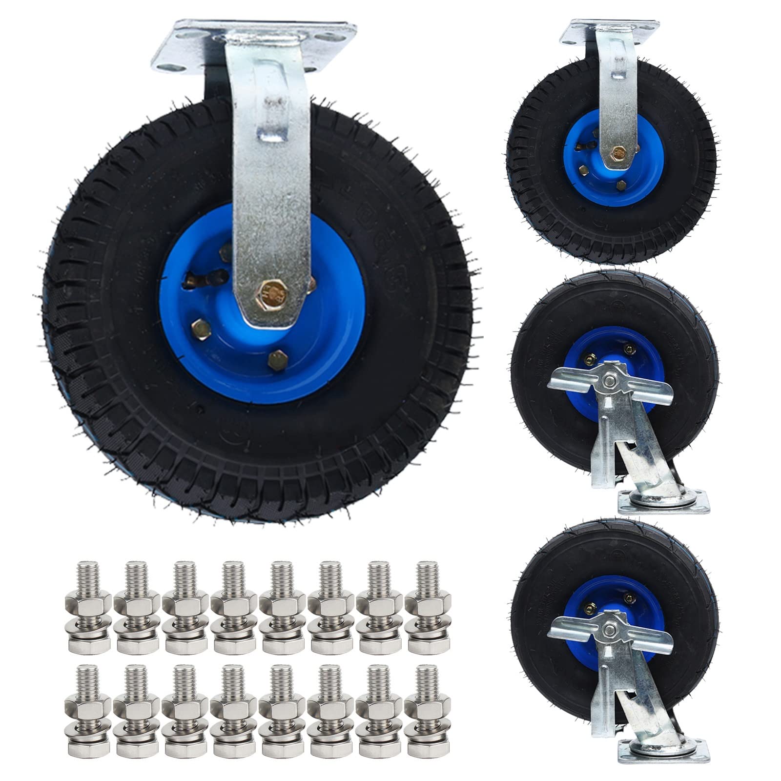 Lot de 4 roulettes pivotantes robustes de 20,3 cm et 25,4 cm - Charge maximale : 590 kg - Roues en caoutchouc avec freins latéraux - Pneus pneumatiques pour un mouvement fluide - 250 mm