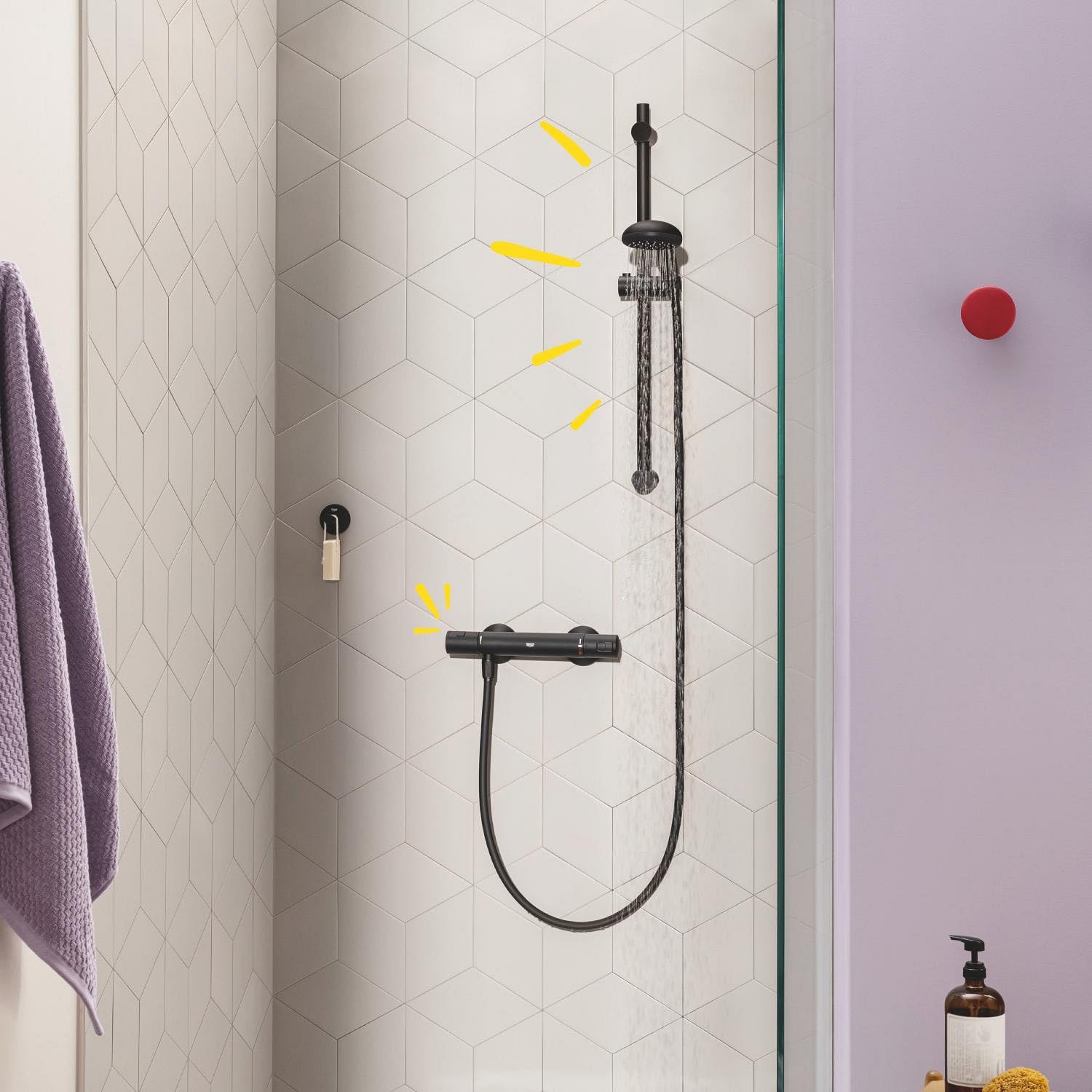 GROHE Precision Start – Miscelatore termostatico per doccia esterno (montaggio a parete, pulsante di sicurezza a 38°C, cartuccia compatta con termoelemento in cera), nero opaco, 345942430
