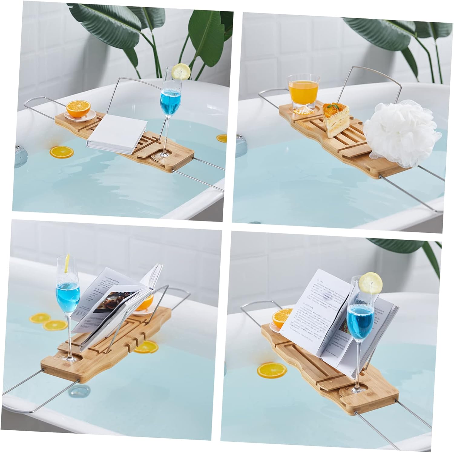 Bath Tub Tray Table Portable Bathtub Shelf Bamboo Metal Non-Slip Handles Bath Tub Accessory
