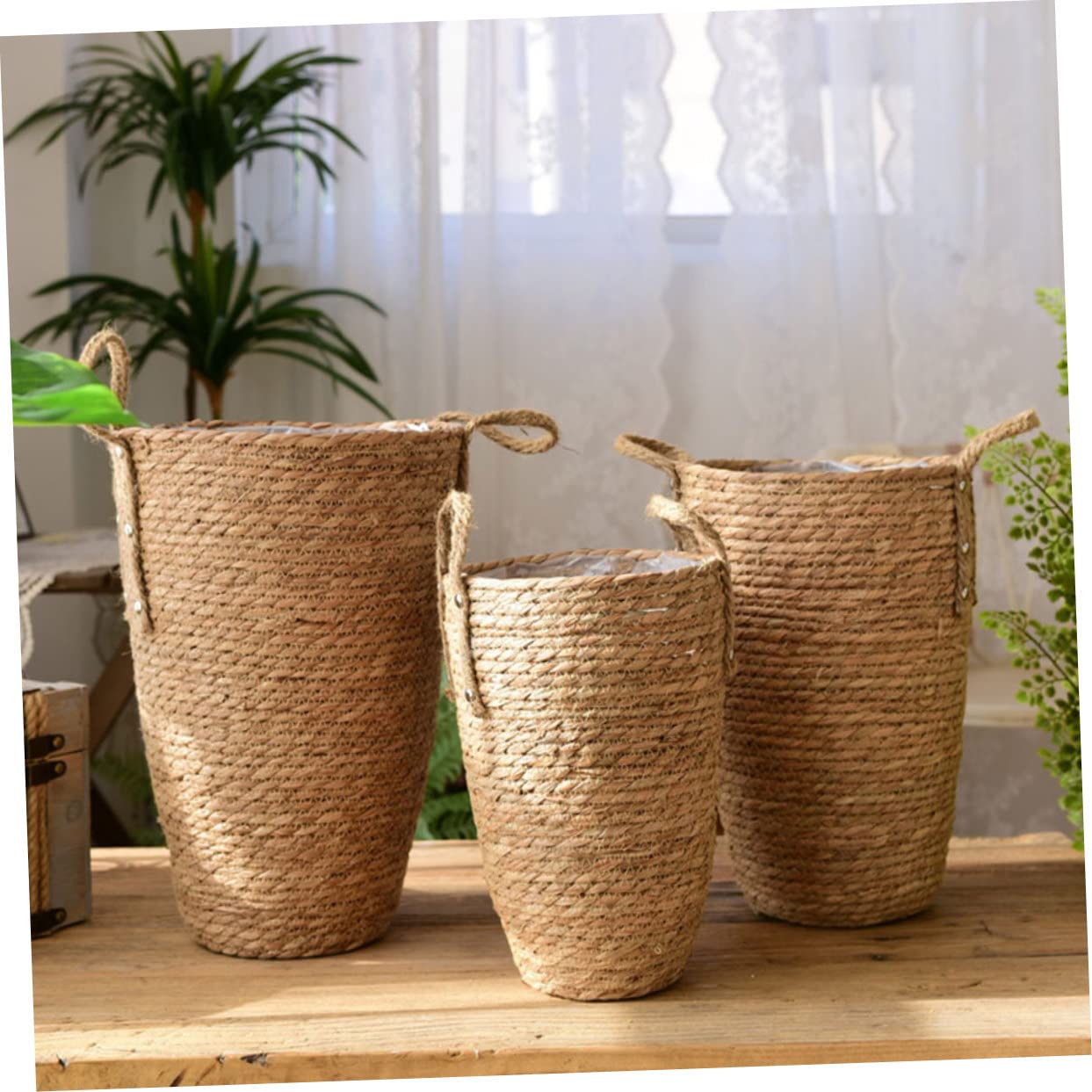 Abaodam Panier à Fleurs Décoratif Grand Modèle en Paille Tressée Résistant et Gain de Place Rustique Élégant Maison Bureau