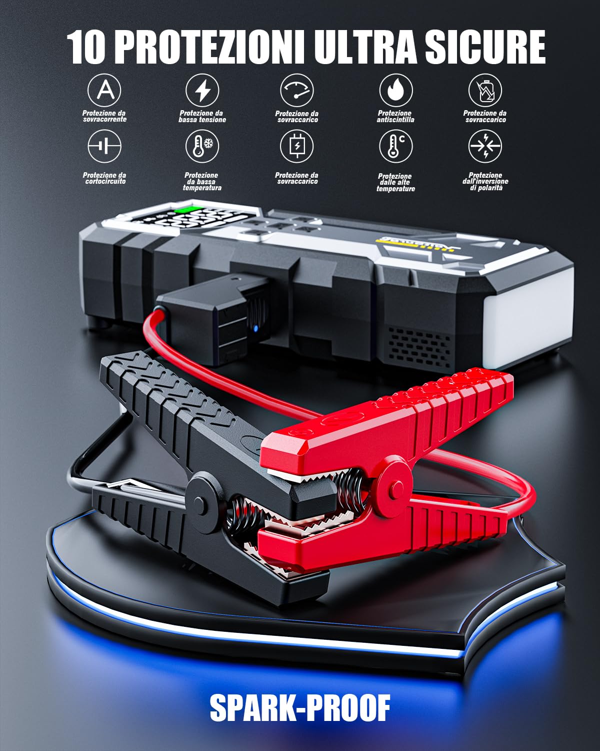 7000A Booster Avviamento Auto con Compressore 160PSI, VoltSurge Avviatore Emergenza per Auto (Fino a ALL Gas/10.0L Diesel), 12V Starter Batteria con Torcia