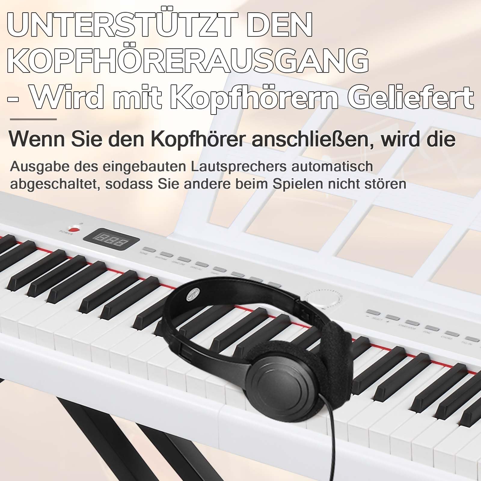 Bonnlo GPP-105 E Piano 88 Tasten, Digitalpiano Semi-Gewichtete Tastatur mit Dual-Bluetooth, Kopfhörer, Sustain-Pedal-System, Ständer, für Musikliebhaber und Anfänger, Weiß