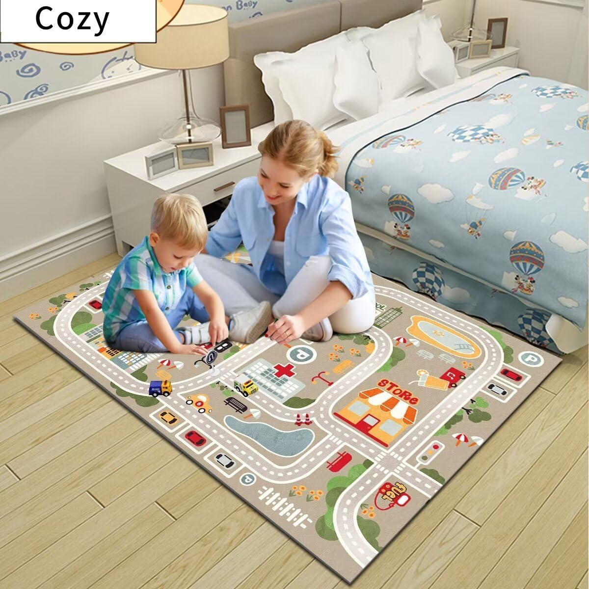 Car Rugs Play Mat for Toy Cars，Kids Rug with Roads for Playroom，City Life Road Carpet for Baby Learning，Non-Slip Educational Nursery Rug for Toddlers(Grey, 80×120cm/31×47")