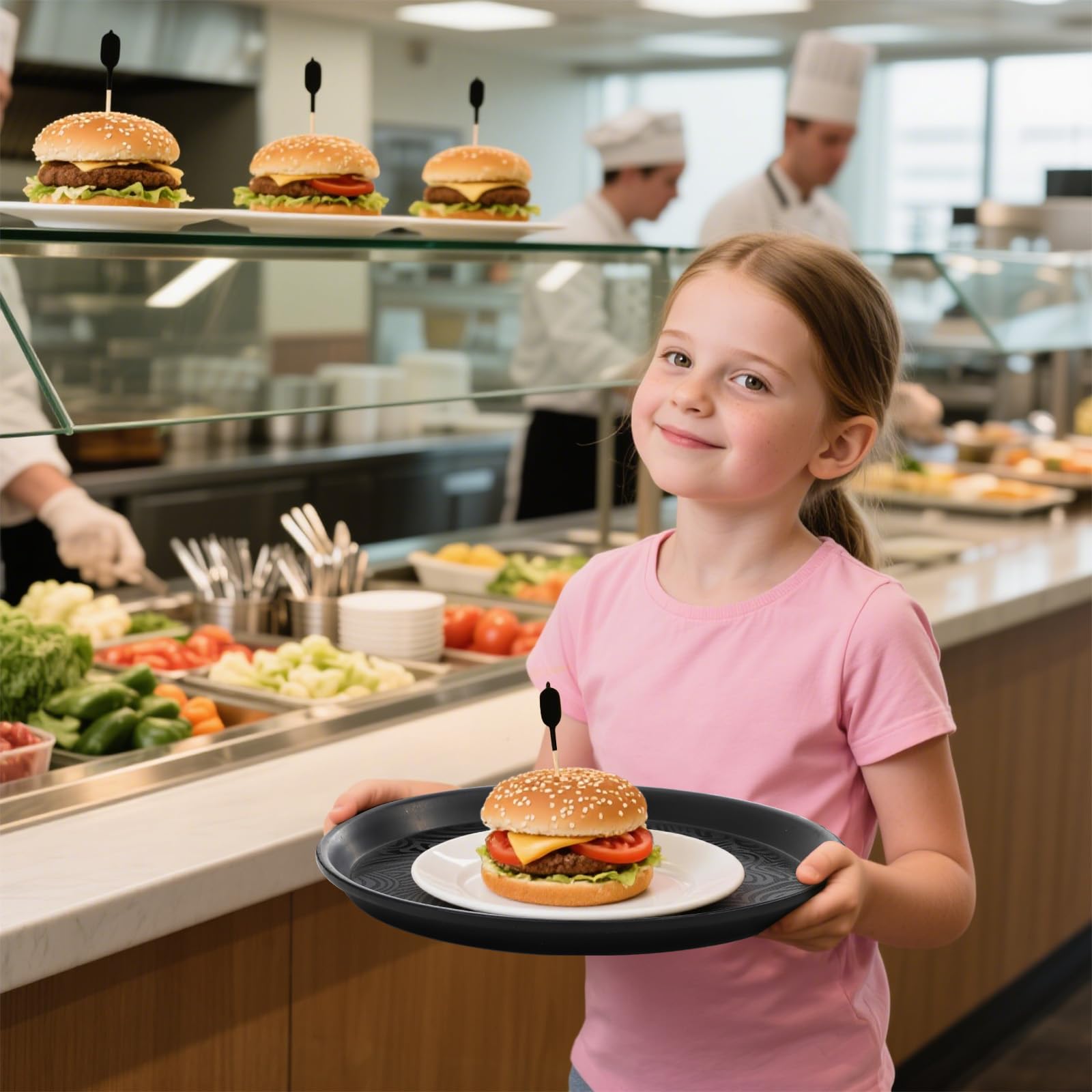 Hacaroa Paquete de 4 bandejas Redondas para Servir restaurantes, bandejas de plástico de 12 Pulgadas para Servicio de Alimentos Antideslizante para cafetería, Bar, cafetería, líneas de Cola, Negro