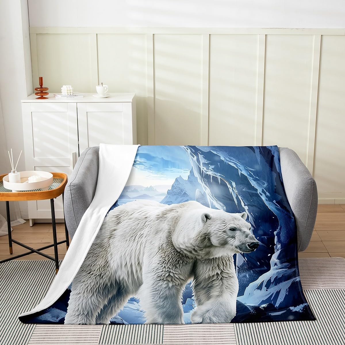 Polar Bear Fleece Blanket,3D Print Wild Arctic Animal Bed Blanket for Kids Teens,Natural Glacier Iceberg Flannel Blanket for Room Decor,Queen 90"x90"