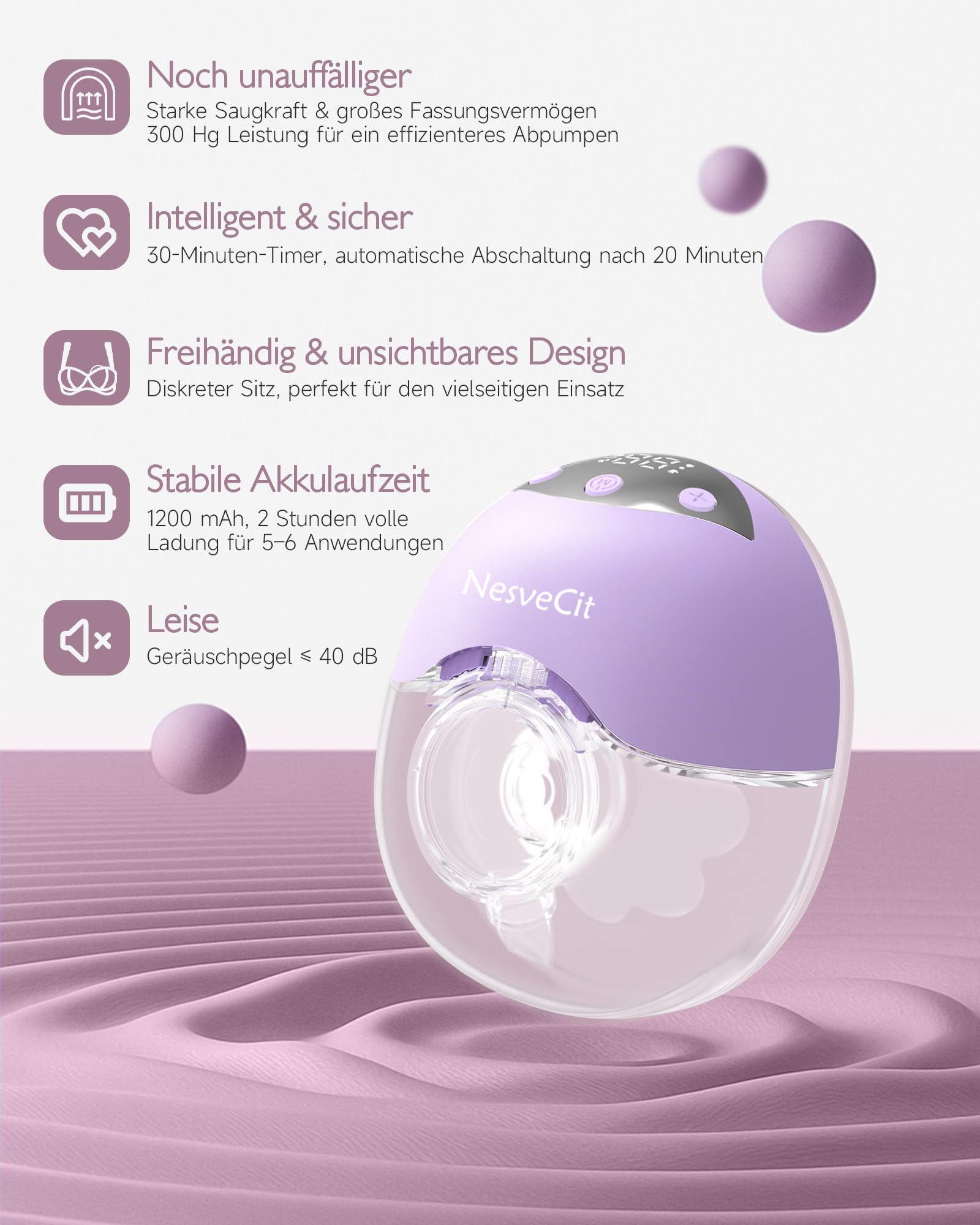 Elektrische Milchpumpe Tragbar Freihändig, Leise Brustpumpe mit 4 Modi & 12 Stufen für Den Babymund, 19/21/24 mm Flansch,inkl. Ersatzteile & Zubehör (Violett, 2 Packs)