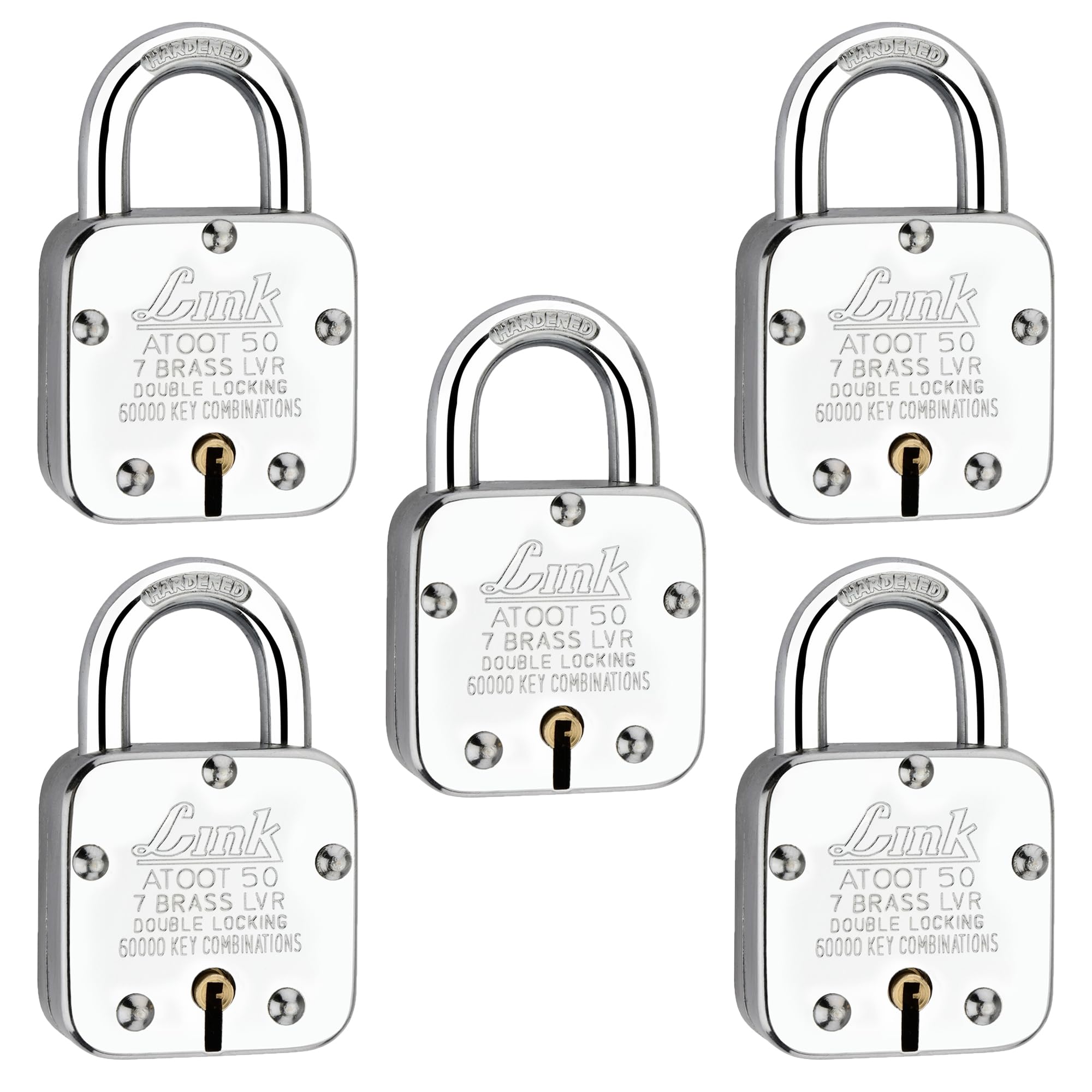 Link Atoot 50mm Padlocks 5Pcs Set | 60,000 Key Combinations | Steel Body | Hardened Shackle | 7 Brass Lever | Made in India | 3 Keys for Each Padlock