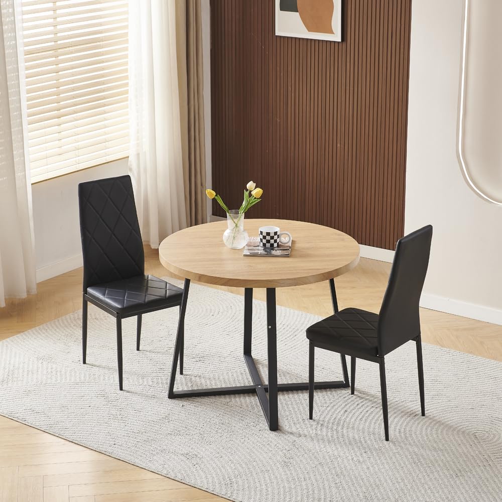 Pantanal 95cm Round Oak Wood Dining Table and Leather Chairs Set of 2, Modern 3 Pieces Compact Kitchen Table with 2 Argyle Grid Chairs for Dinette Restaurant Small Space โ image 1