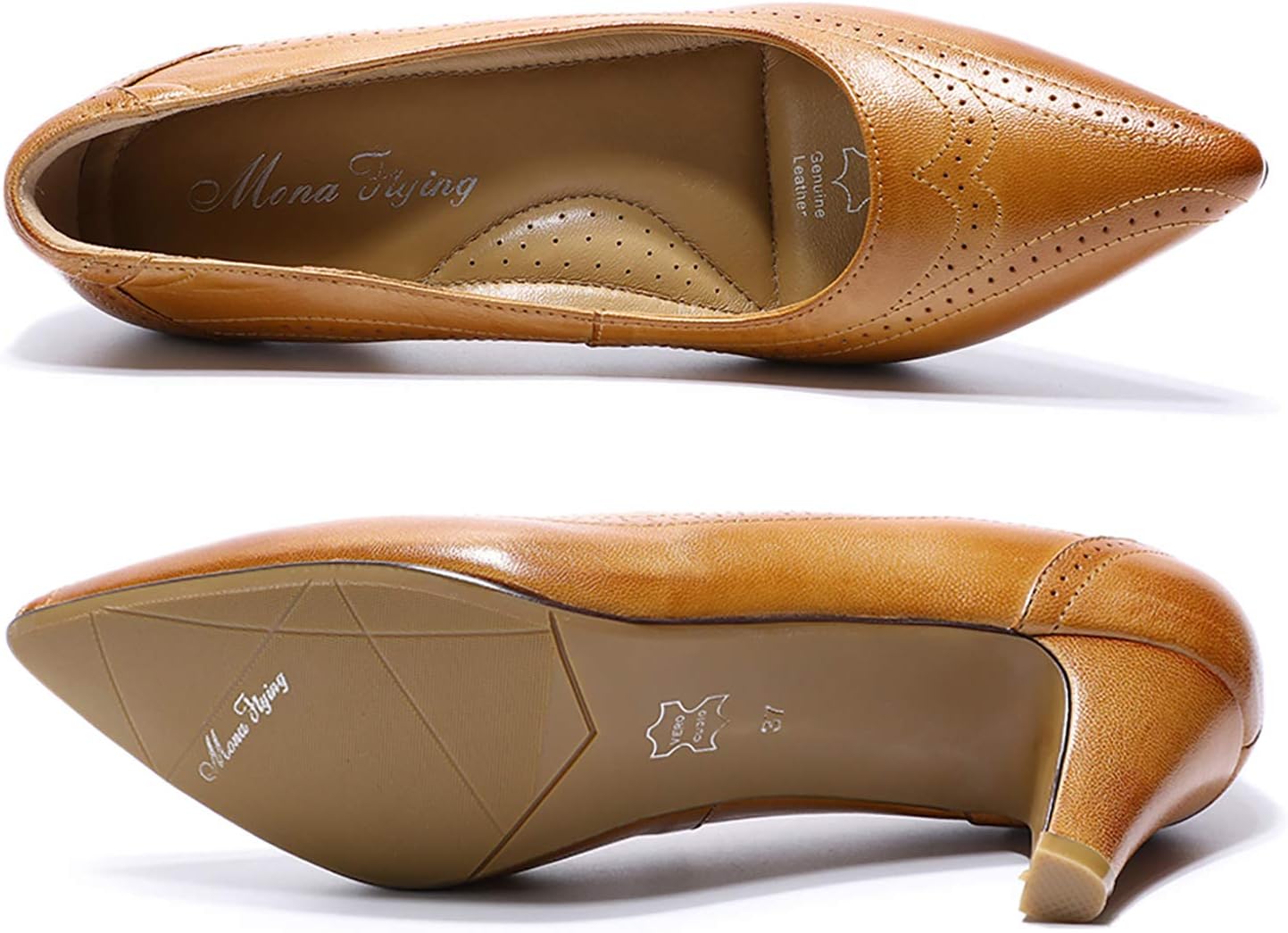 Mona flying Womens Leather Comfortable Pointed Toe Pumps 7cm High Heels Dressy Casual Office Work Shoes for Ladies - Image 4