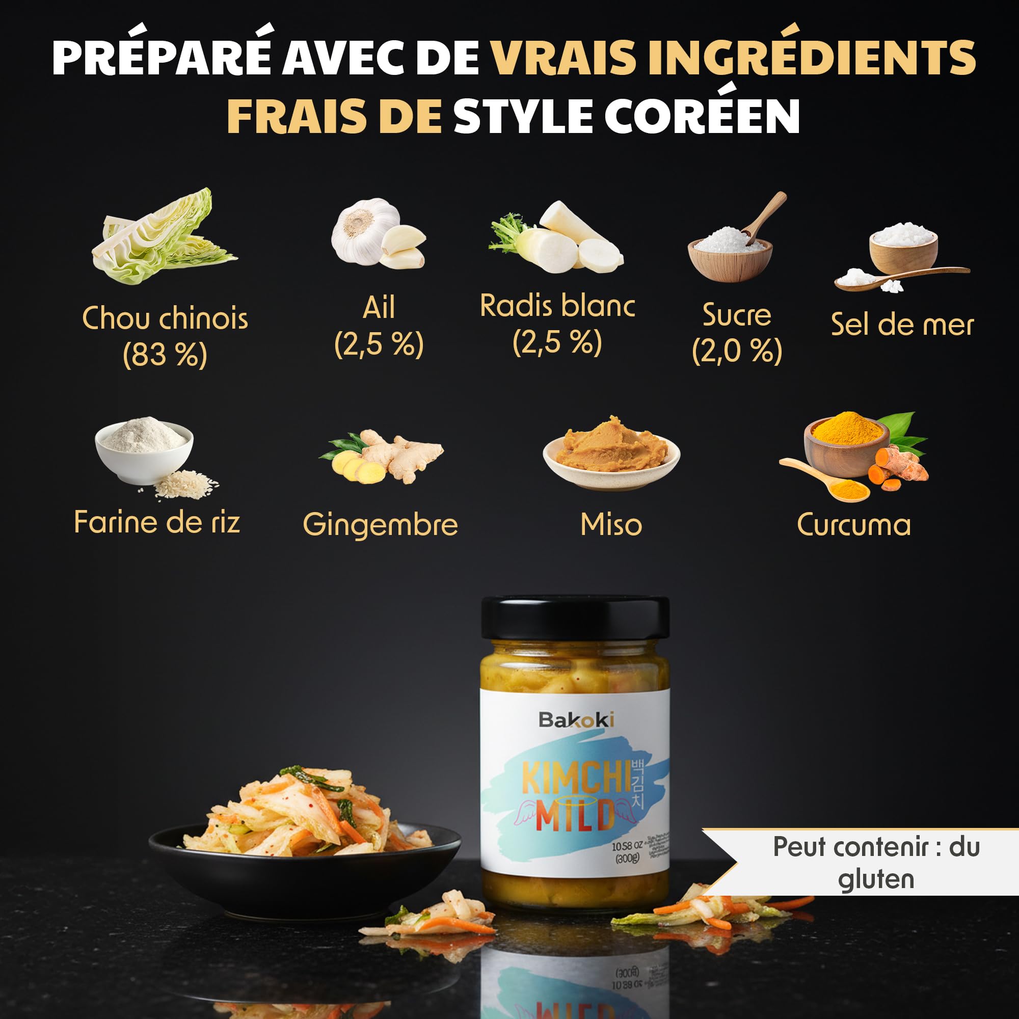 Bakoki 백김치 Baek‑Kimchi – Kimchi doux, sans piment, fermenté de manière traditionnelle au curcuma – 2 × 300 g (idéal pour le déjeuner, les bowls et les accompagnements)