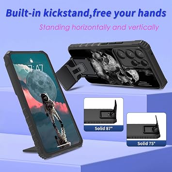 Samsung Galaxy S24 Ultra 5G ケース スライドカメラカバーと内蔵キックスタンド付き、ミリタリーグレードの耐衝撃バンパー保護ブラックカバー Galaxy S24 Ultra 5G、スモークスカル