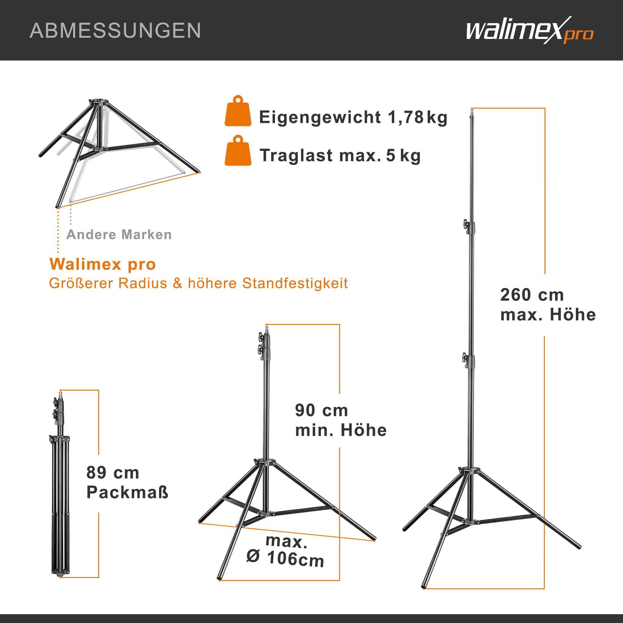 Walimex pro FT-8051 Lampenstativ 260cm - Lichtstativ mit Federdämpfung, Höhe max 260 cm, 5 kg Traglast, Aluminium, für Fotografie Studio Outdoor, mit Tasche und Adapter, Schwarz