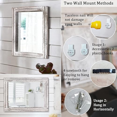 Miniatura 3 de AAZZKANG Espejo de Pared Rústico Rectangular con Marco de Madera Espejos Grandes 20"x16" Decorativo para Dormitorio Baño Sala de Estar Casa de Campo