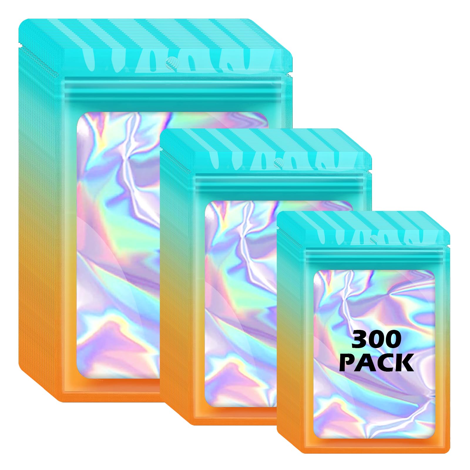 300 Pcs Holographic Mylar Bags, 3 Size Smell Proof Bags with Clear Window Foil Pouch Bags Resealable Bags for Small Business and Food Storage, Blue