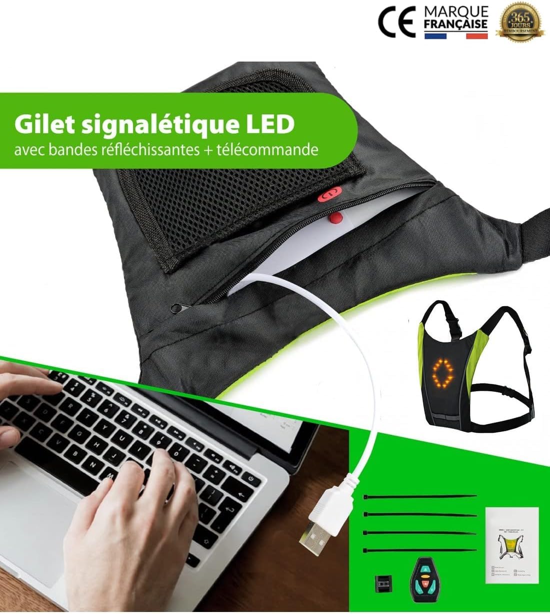 Diavo Gilet LED Sécurité + Rétroviseur Vélo – Pack Haute Visibilité 360° – Étanche & Rechargeable – Cyclisme, Jogging, Trottinette avec LED Clignotant et Télécommande, Installation Facile