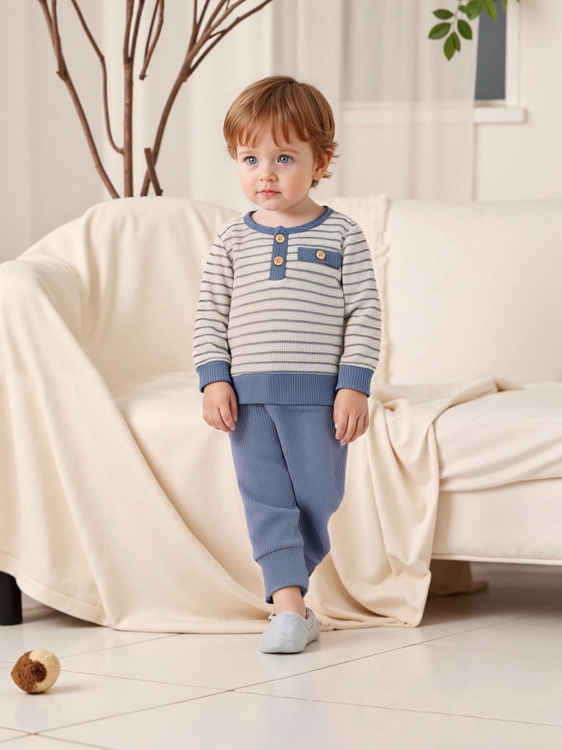 Baby Boy Fall Outfits Waffle Striped Toddler Boy Sweatshirt Pullover Tops Pants Infant Baby Fall Winter Clothes - Image 4