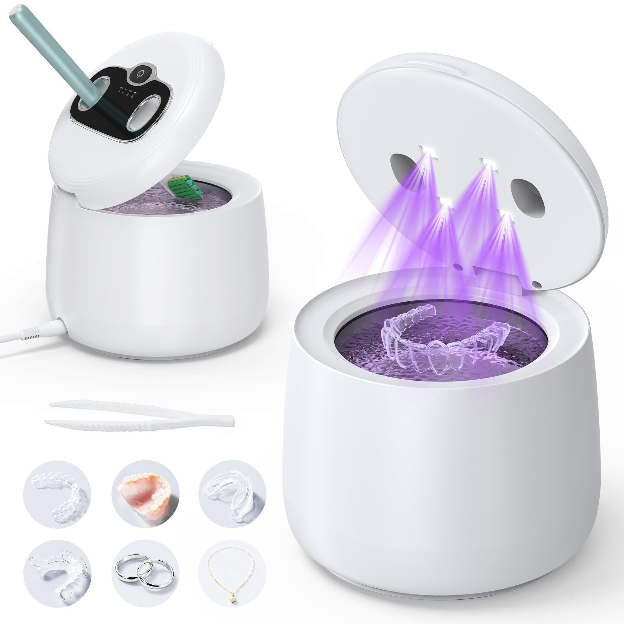 Ultrasonic Retainer Cleaner Machine Dental Cleaning Pod for Dentures Mouth Guards Aligners Night Guards Braces Toothbrush Heads Jewelry