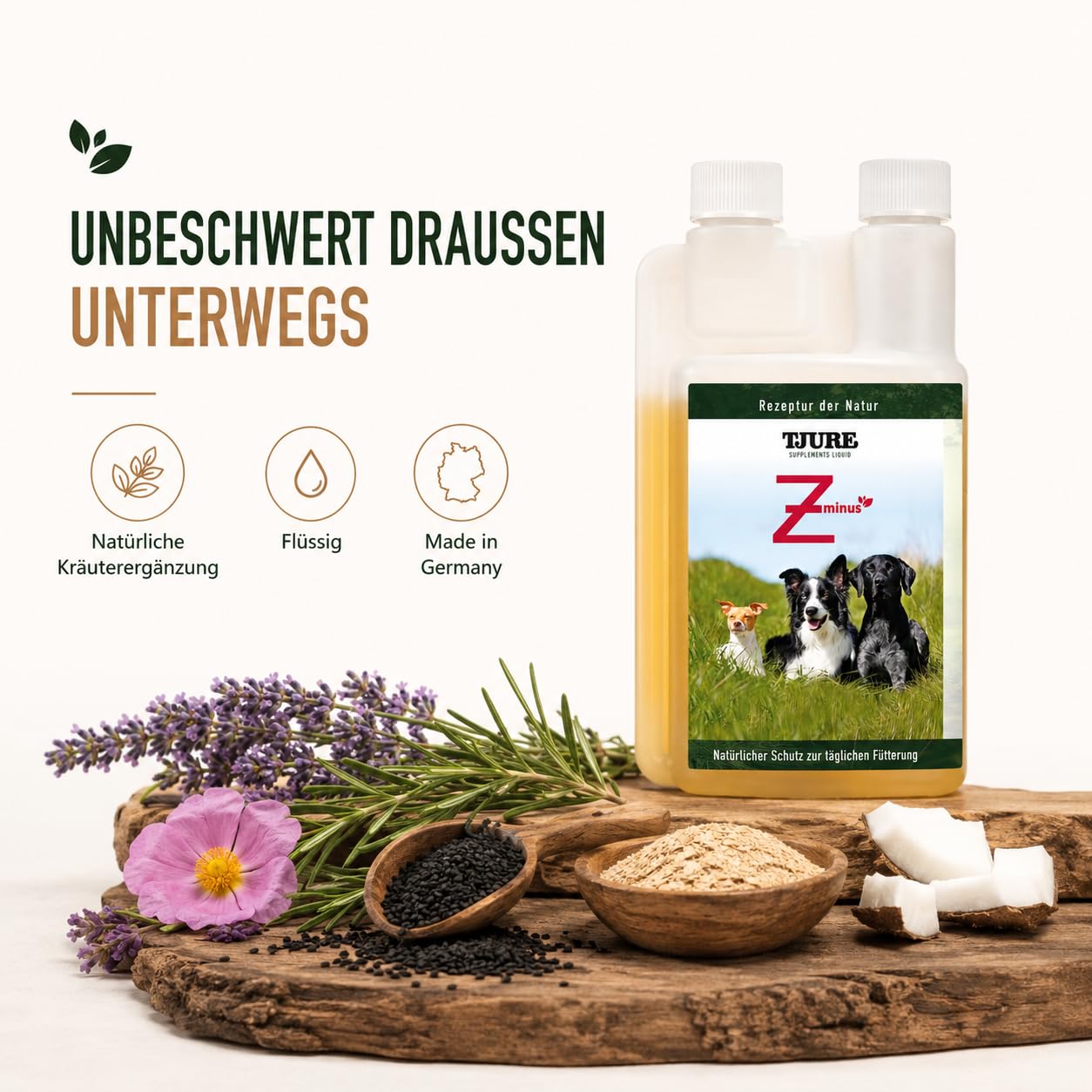 TJURE Z – 500 ml Liquid für Hunde | 100% Pflanzliche Rezeptur für aktive Hunde | Naturkraft gegen ungebetene Gäste | Mit Schwarzkümmel, Cistrose & Lavendel | Made in Germany