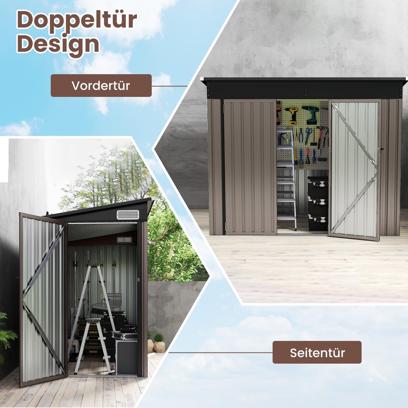COSTWAY Domek ogrodowy, metalowy, 235 x 117 x 185 cm, domek na narzędzia z drzwiami przednimi i drzwiami bocznymi i dachem jednospadowym, szopa na narzędzia, zamykana na klucz, domek ogrodowy, szopa