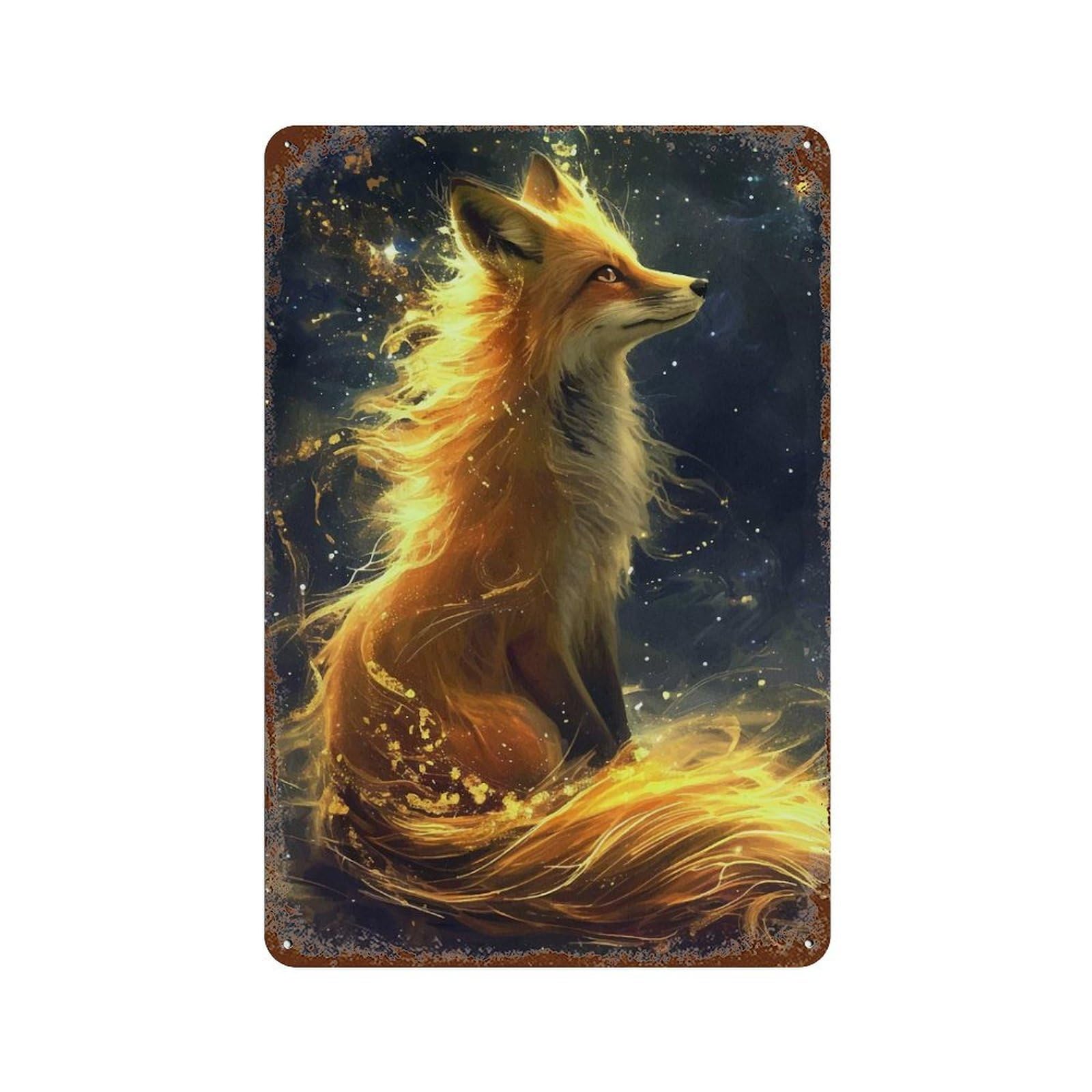 Kitsune Fox Colorfull Rust Effect Tin Sign 11.8"x7.9", Rustic Home Decor for Cafe, Home Bar And Lounge Decor