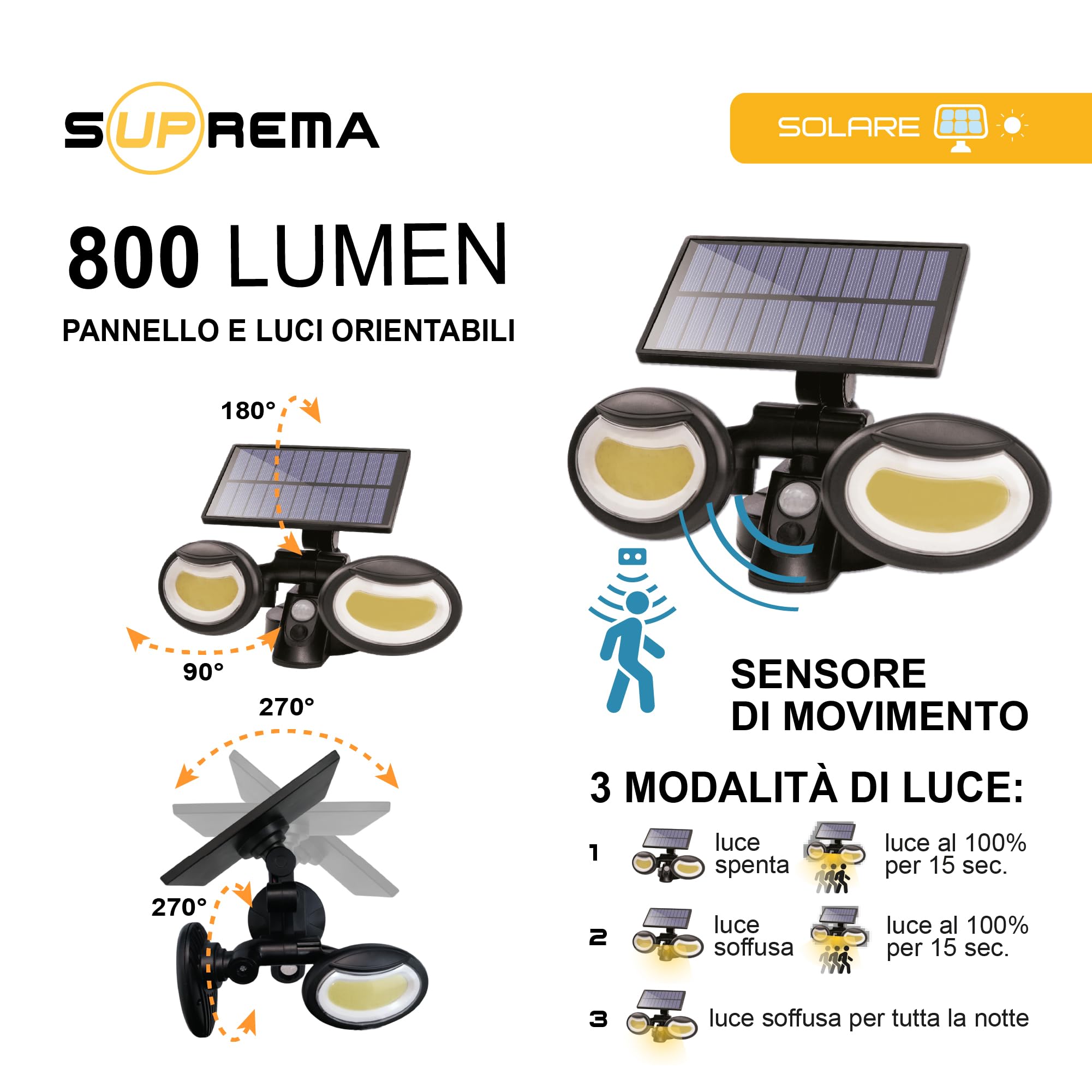 Set 6 Faretti LED Solari Da Esterno Suprema – Con Sensore PIR E Crepuscolare, IP65, Autonomia 6-8 Ore, Montaggio Biadesivo