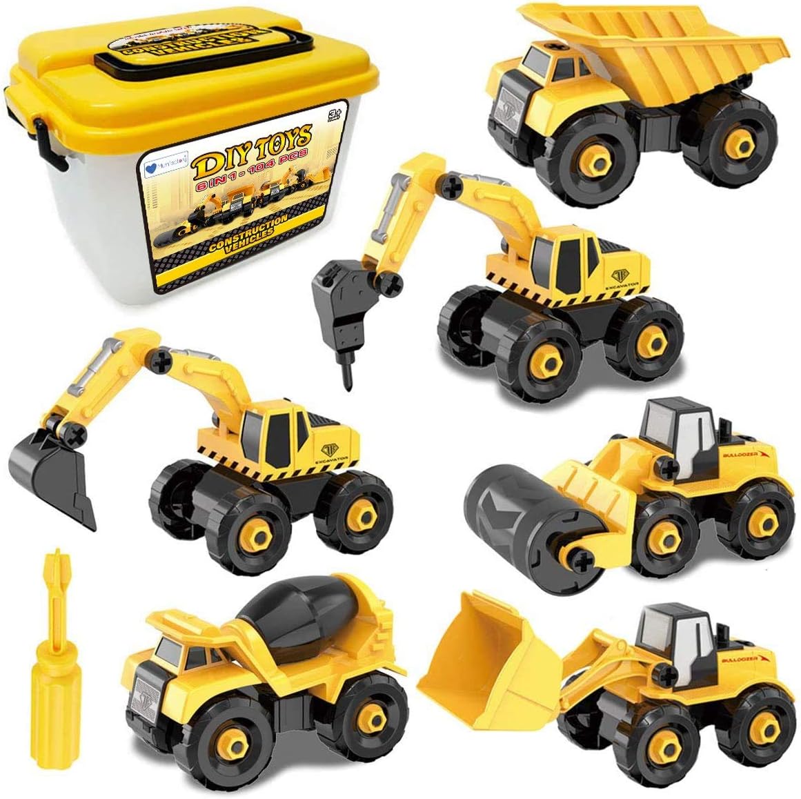 Mumfactory Take-Apart Construction Vehicles Excavators Truck Toy with Storage Box, 6 in 1 DIY Building Educational Gift Toys for Boys Girls Age 3 4 5