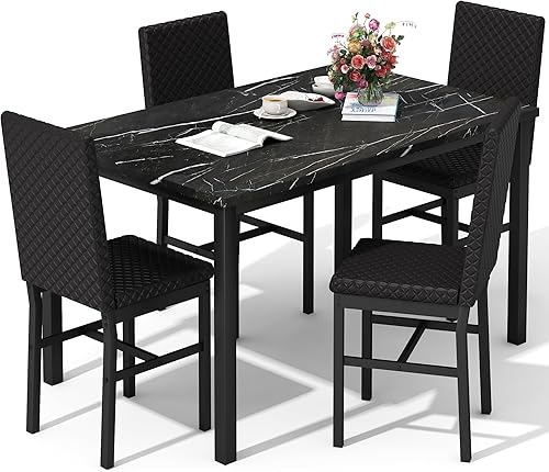 DKLGG Juego de 4 mesas de comedor para 4 mesas y sillas de cocina, juego de 4 mesas de comedor de mármol sintético, mesa de comedor con 4 sillas de