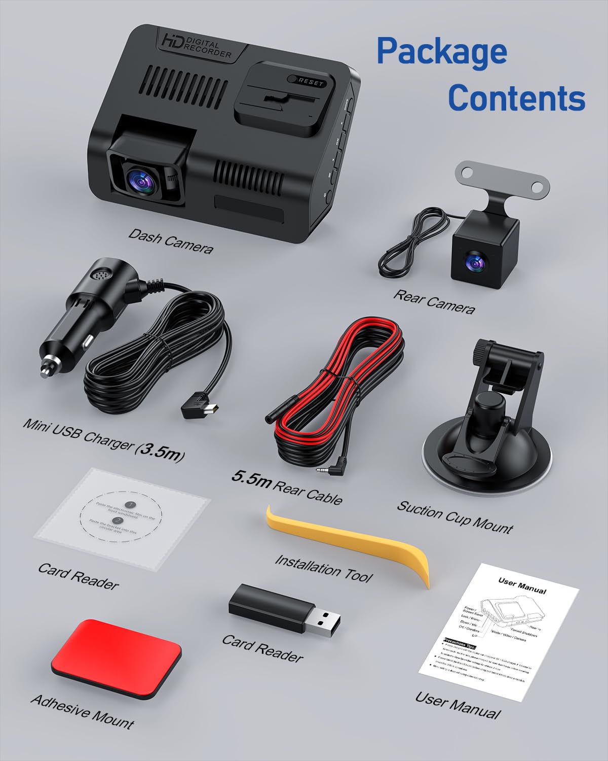 Dash Cam anteriore e posteriore, doppia telecamera da cruscotto grandangolare a 170°, 10,9 cm, impermeabile, registratore di guida con rilevamento del movimento e registrazione in loop