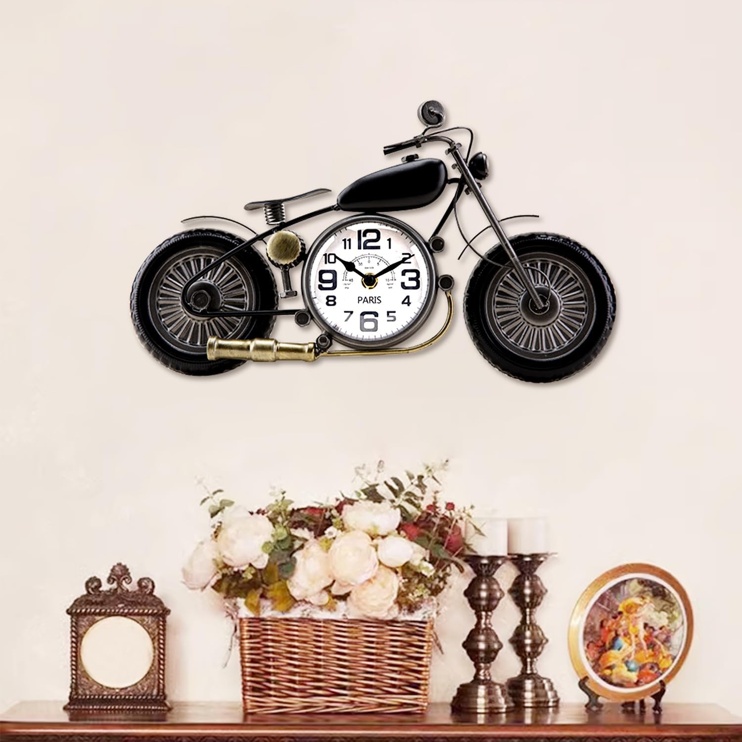 Dankeit Motorcycle Tabletop Clock, Retro Black Metal Clock, 12" x 10", Battery Operated, Silent, No Ticking, For Bedroom, Dining Room, Home Office, Living Room, Kid's Room